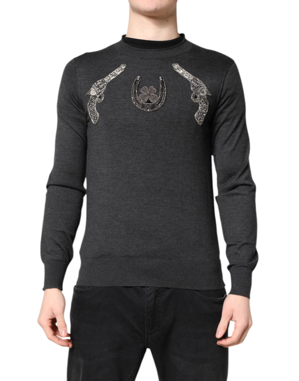 Dolce & Gabbana Gray Embroidery Knit Men Pullover Sweater by Dolce & Gabbana