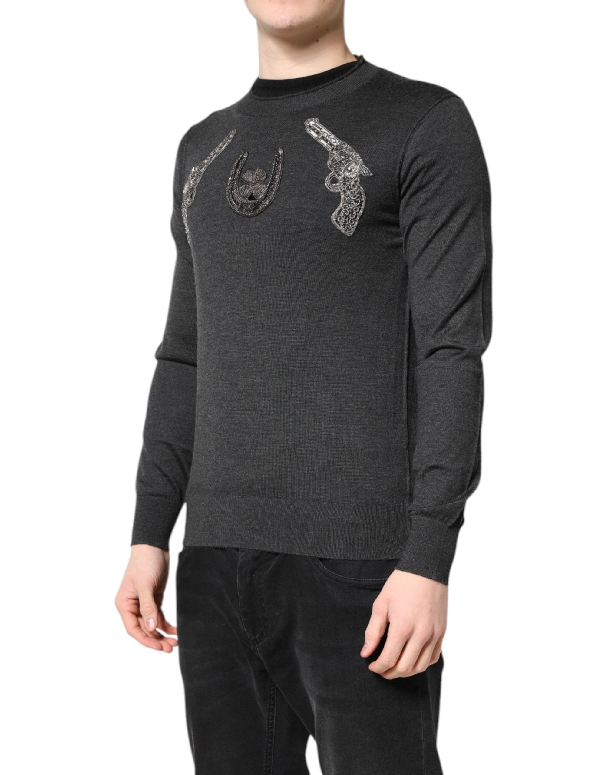 Dolce & Gabbana Gray Embroidery Knit Men Pullover Sweater by Dolce & Gabbana