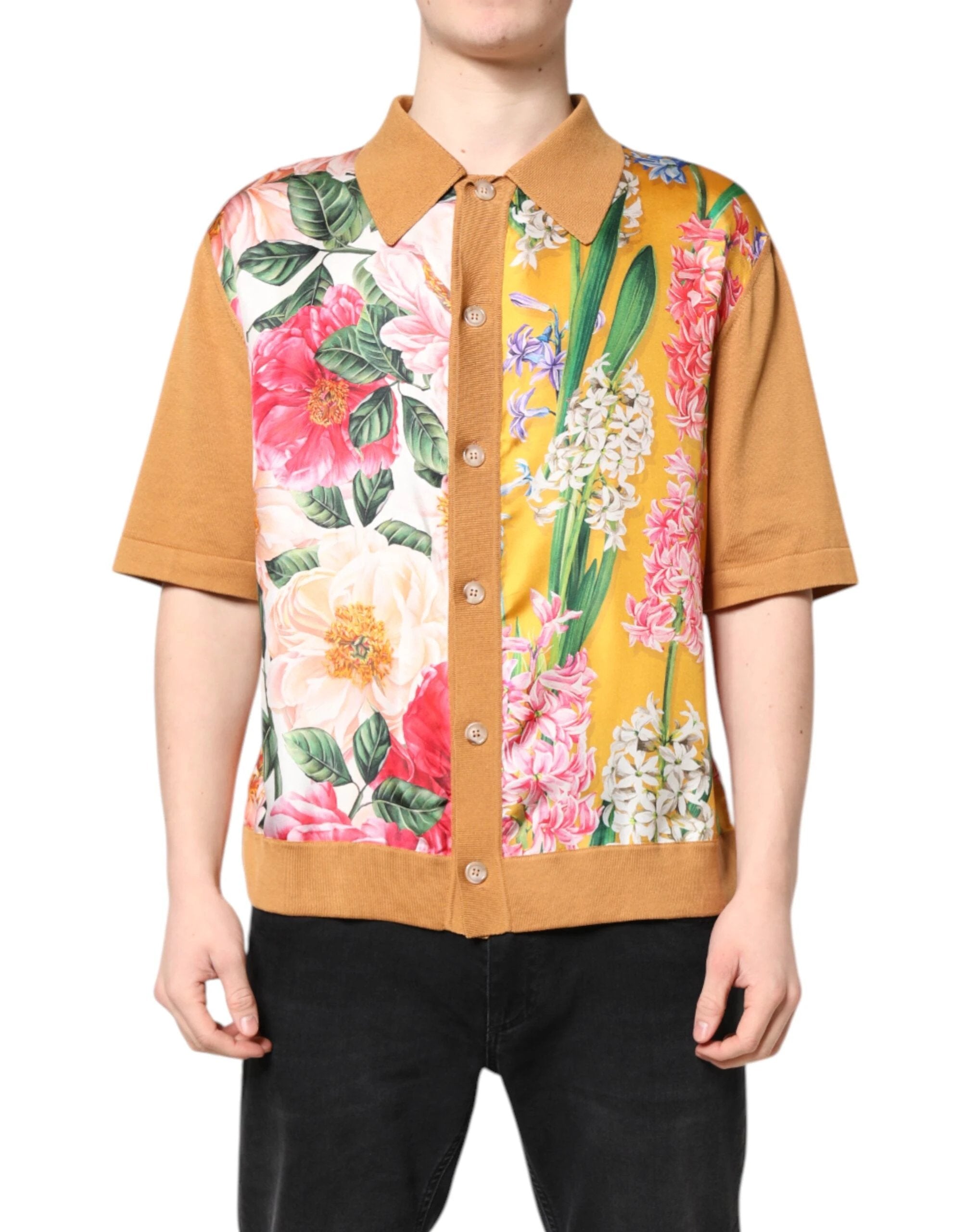 Dolce & Gabbana Brown Floral Collared Short Sleeve T-shirt by Dolce & Gabbana