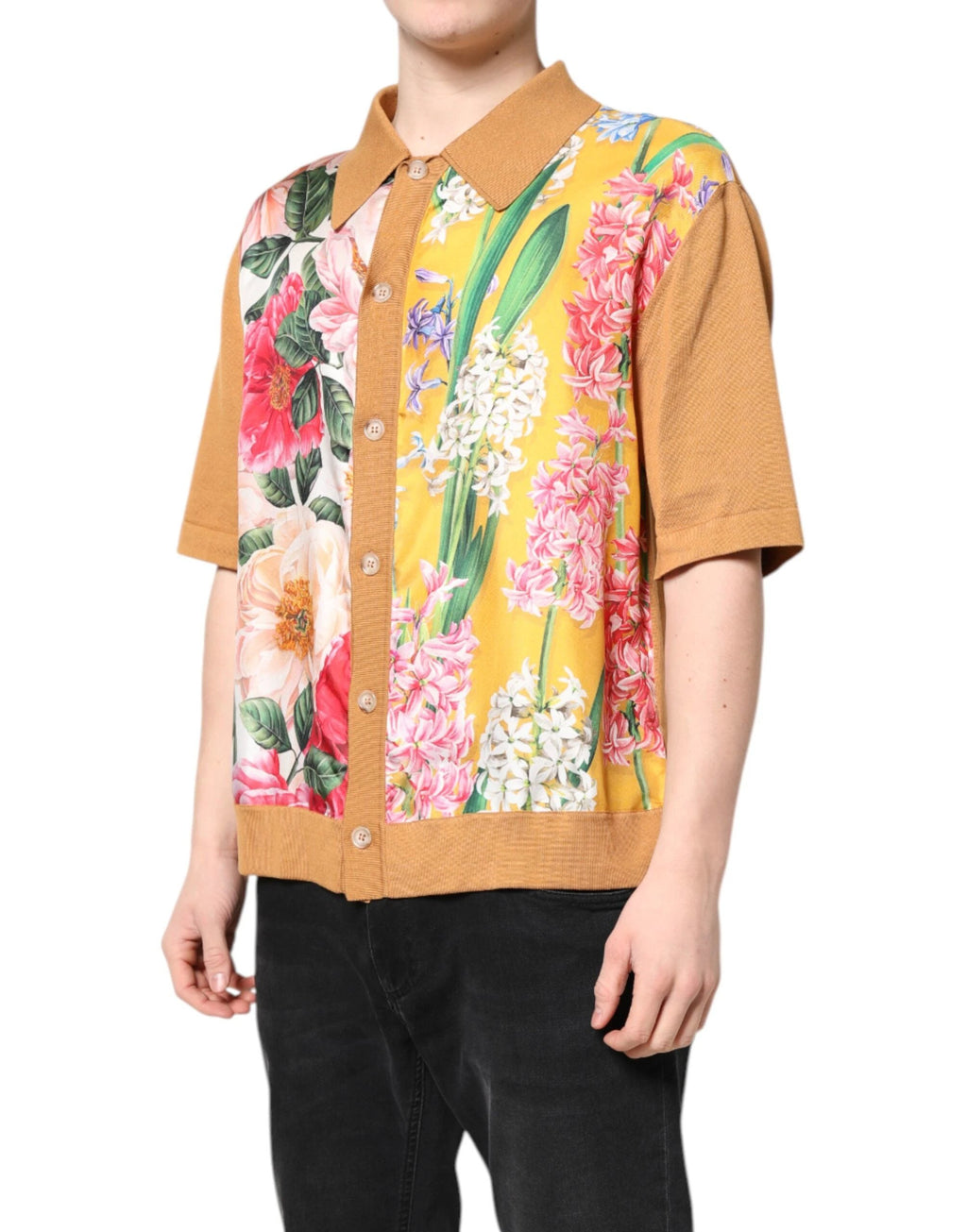 Dolce & Gabbana Brown Floral Collared Short Sleeve T-shirt by Dolce & Gabbana