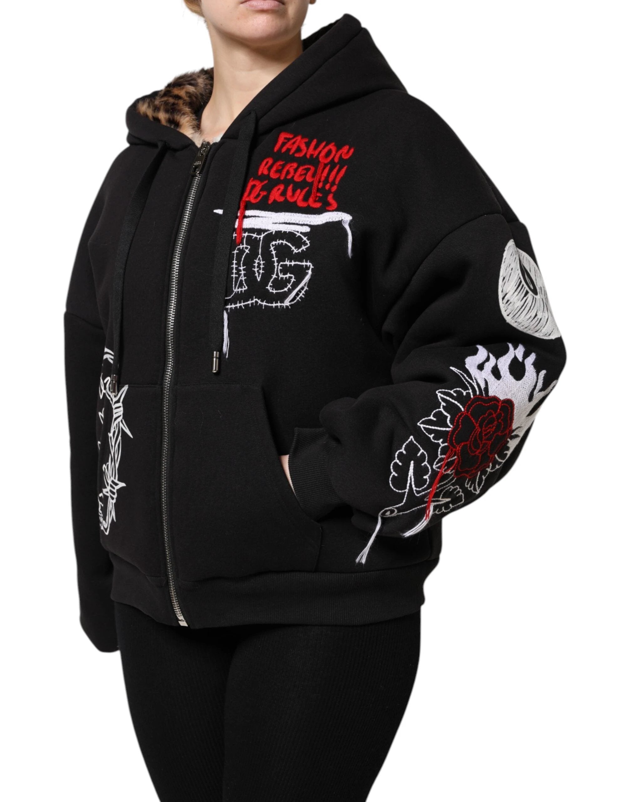 Dolce & Gabbana Black Embroidered Full Zip Hooded Jacket by Dolce & Gabbana
