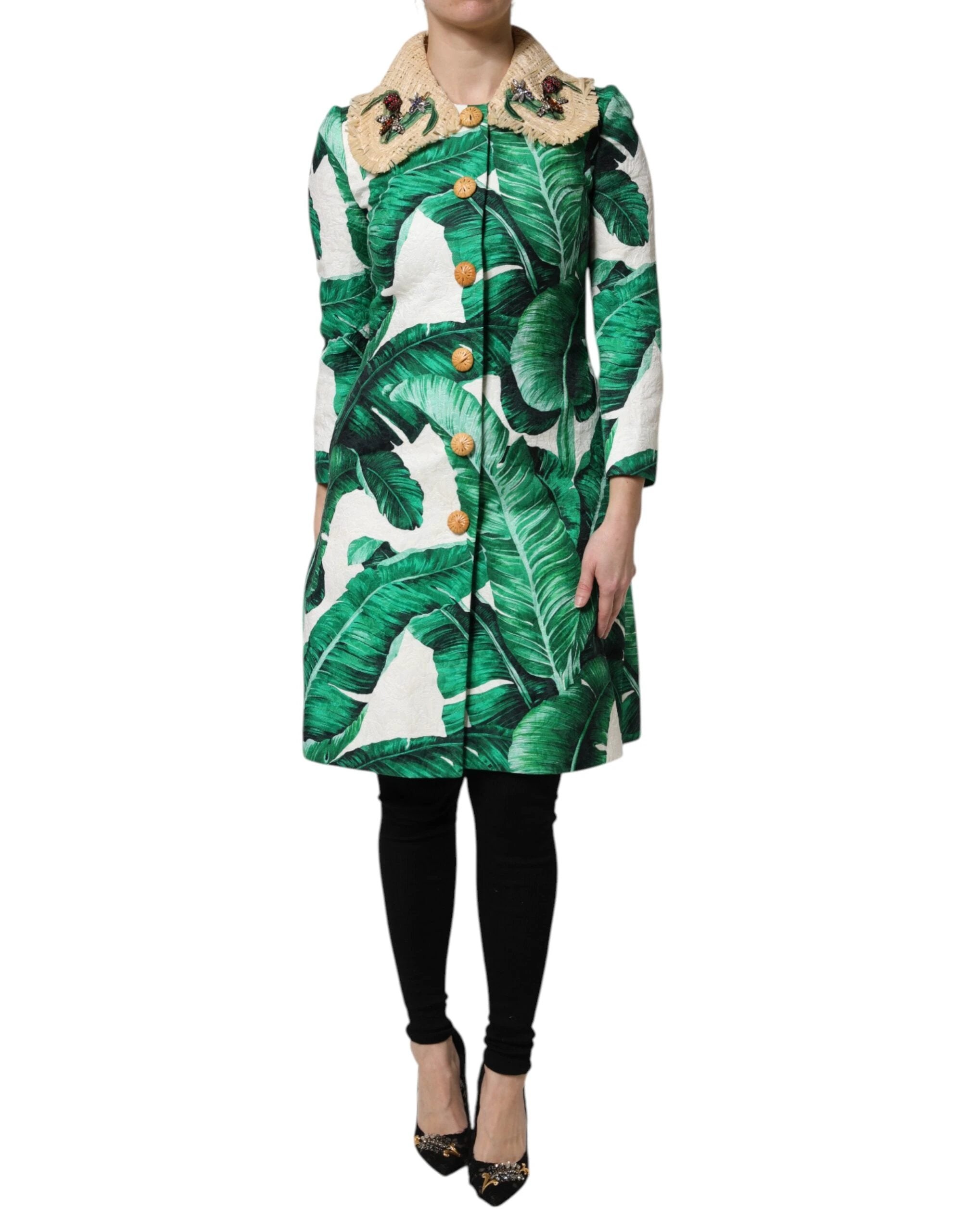 Dolce & Gabbana Multicolor Leaf Print Embellished Trenchcoat Jacket by Dolce & Gabbana