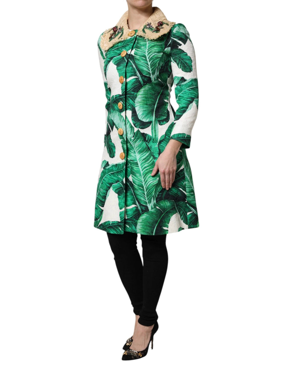 Dolce & Gabbana Multicolor Leaf Print Embellished Trenchcoat Jacket by Dolce & Gabbana