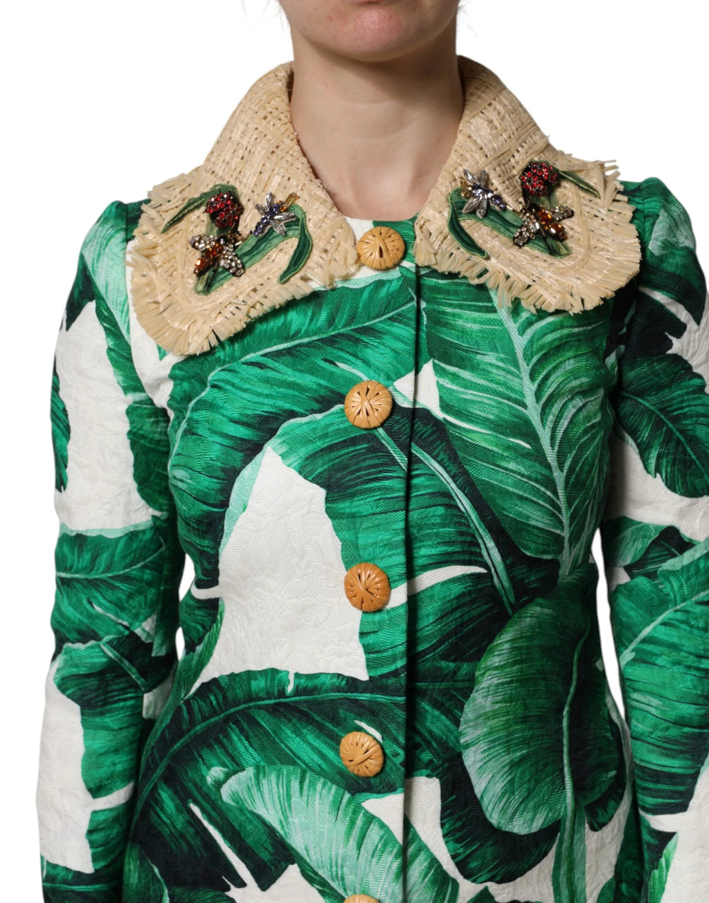 Dolce & Gabbana Multicolor Leaf Print Embellished Trenchcoat Jacket by Dolce & Gabbana