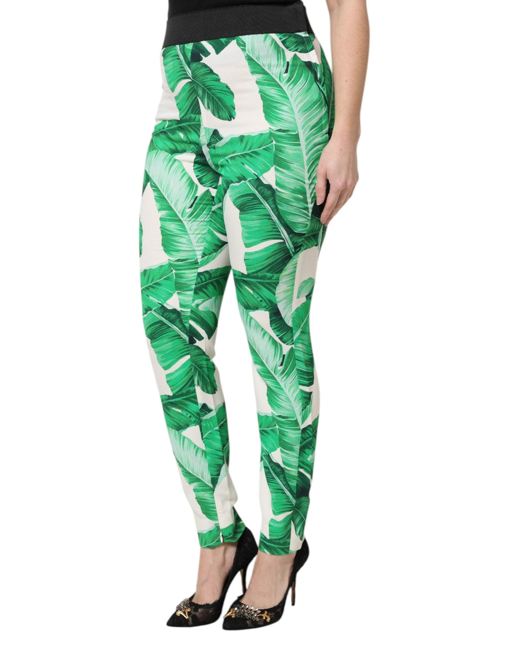 Dolce & Gabbana White Green Leaf High Waist Pants by Dolce & Gabbana