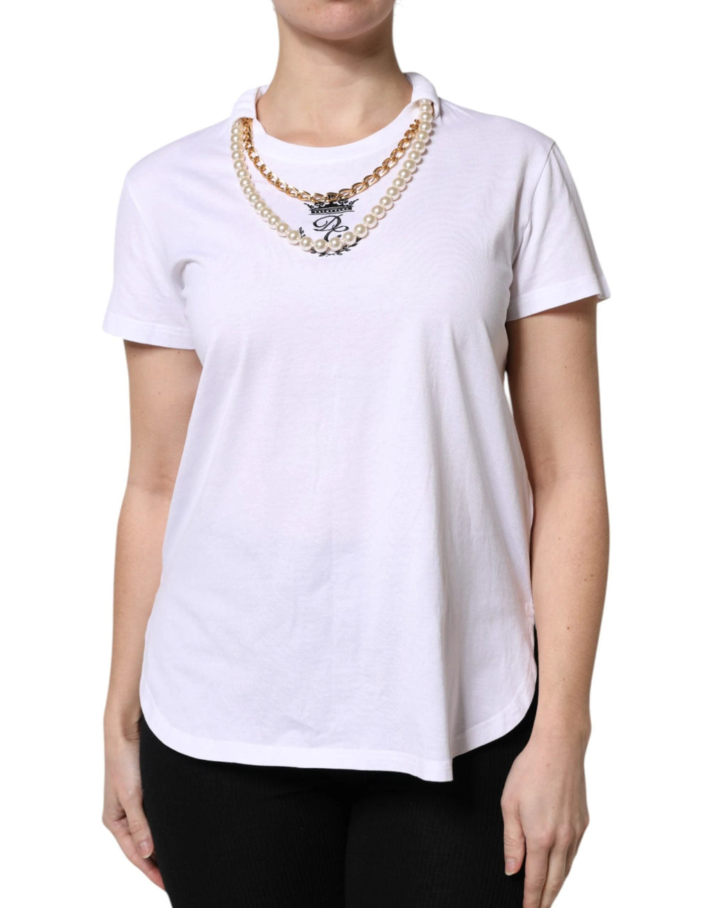 Dolce & Gabbana White Chain Pearl Cotton Round Neck T-shirt by Dolce & Gabbana