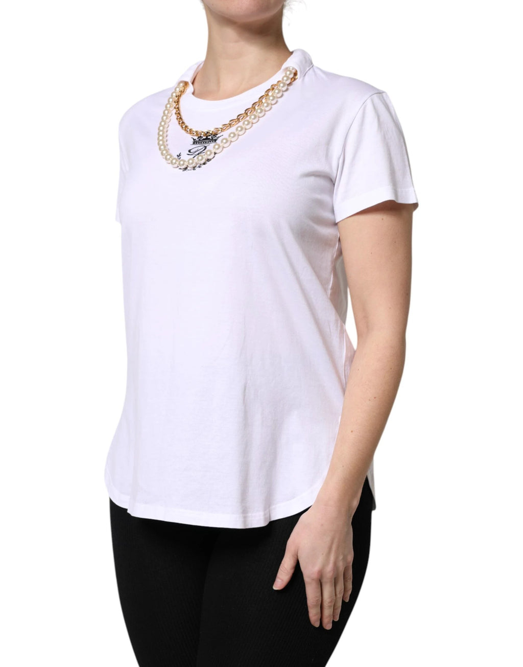 Dolce & Gabbana White Chain Pearl Cotton Round Neck T-shirt by Dolce & Gabbana