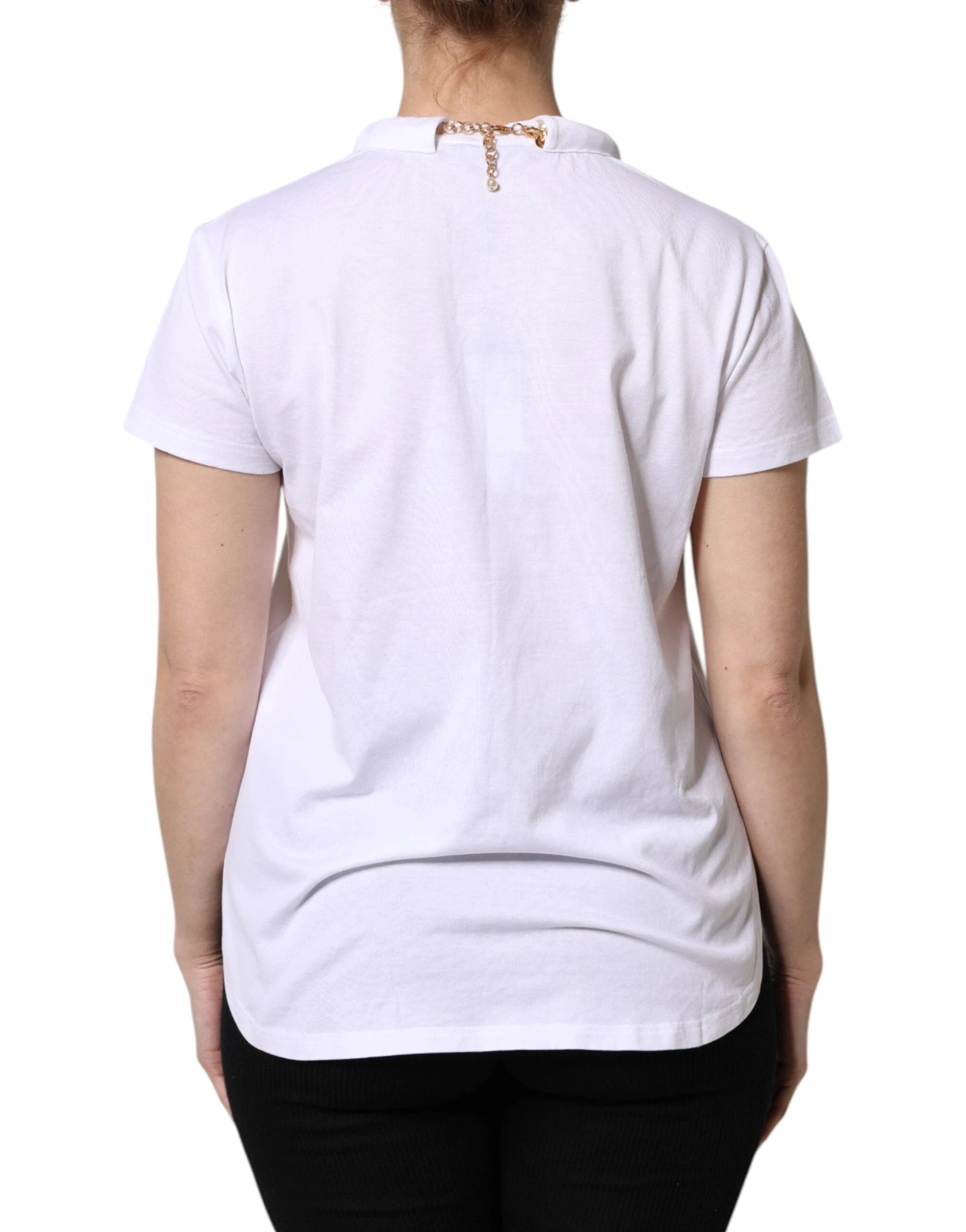 Dolce & Gabbana White Chain Pearl Cotton Round Neck T-shirt by Dolce & Gabbana