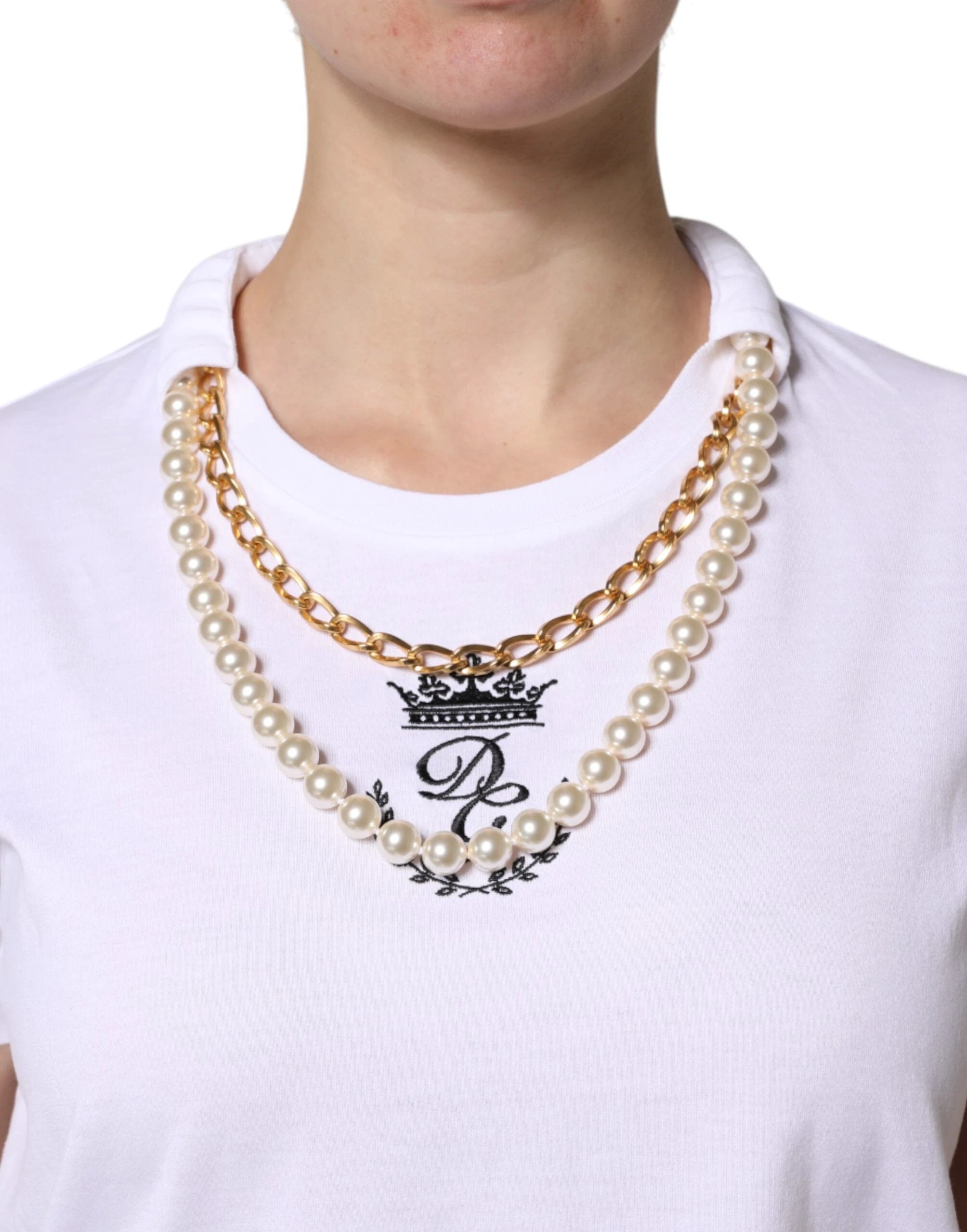 Dolce & Gabbana White Chain Pearl Cotton Round Neck T-shirt by Dolce & Gabbana