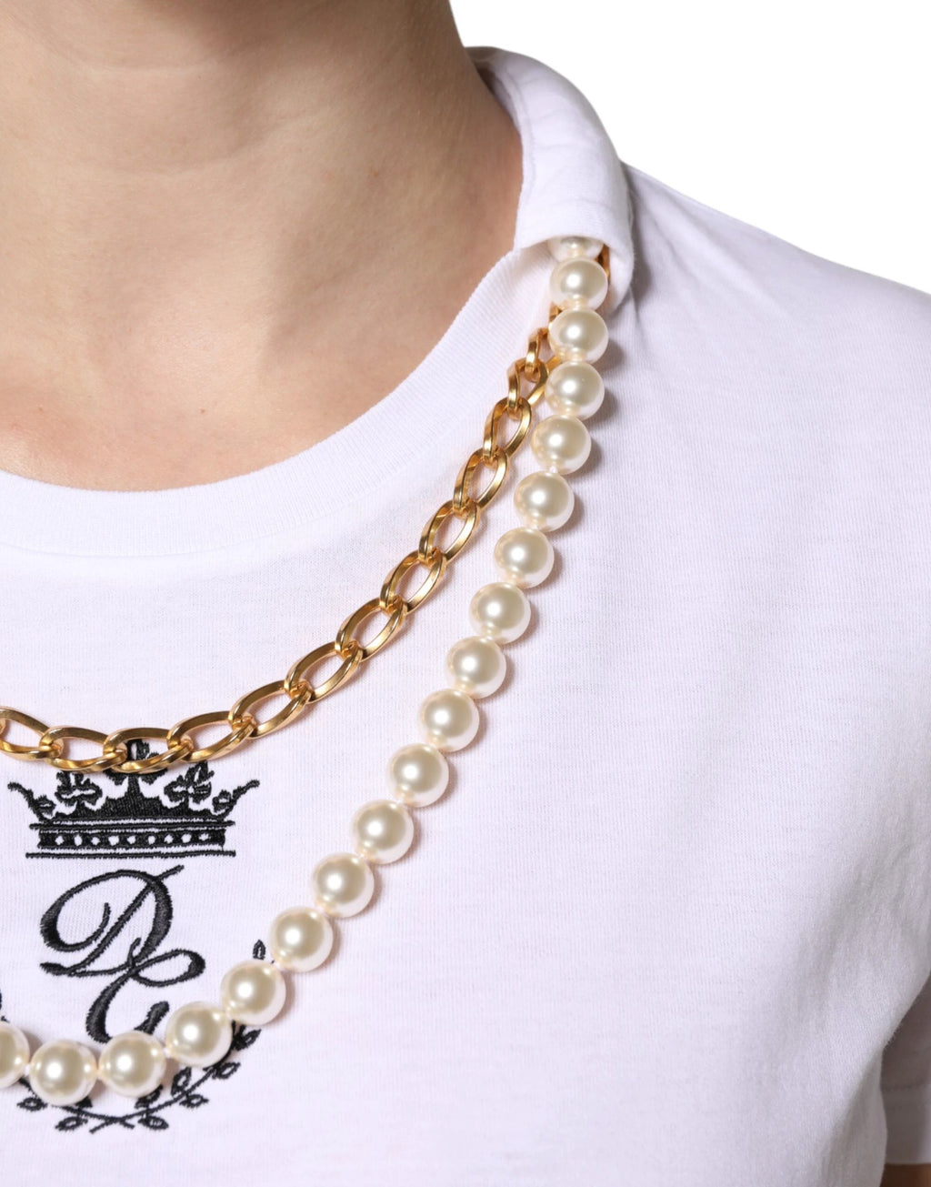 Dolce & Gabbana White Chain Pearl Cotton Round Neck T-shirt by Dolce & Gabbana