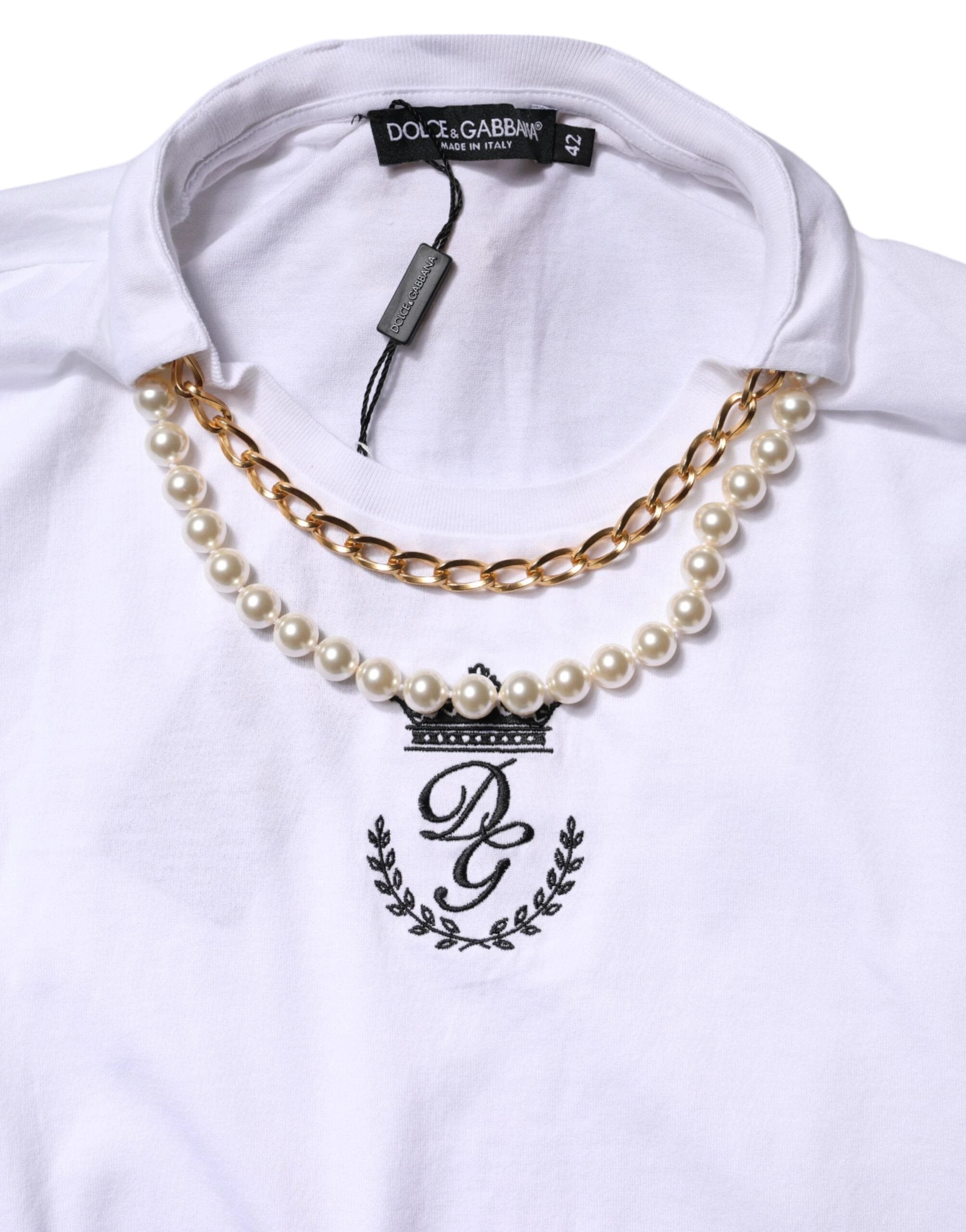 Dolce & Gabbana White Chain Pearl Cotton Round Neck T-shirt by Dolce & Gabbana