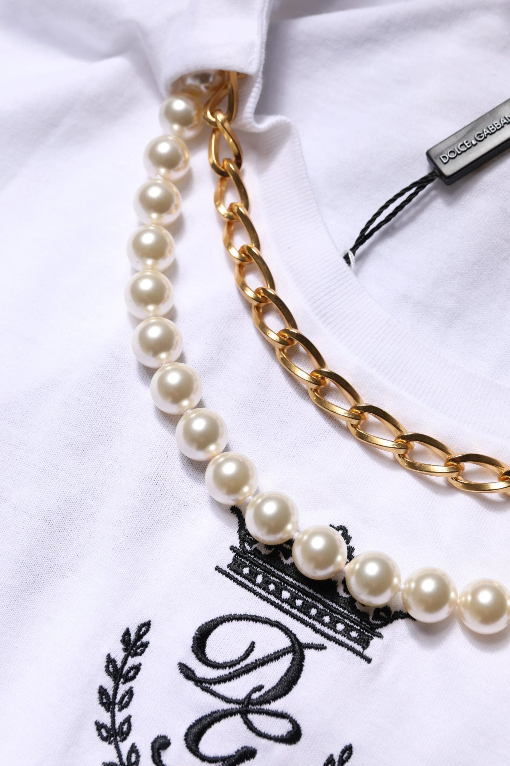 Dolce & Gabbana White Chain Pearl Cotton Round Neck T-shirt by Dolce & Gabbana