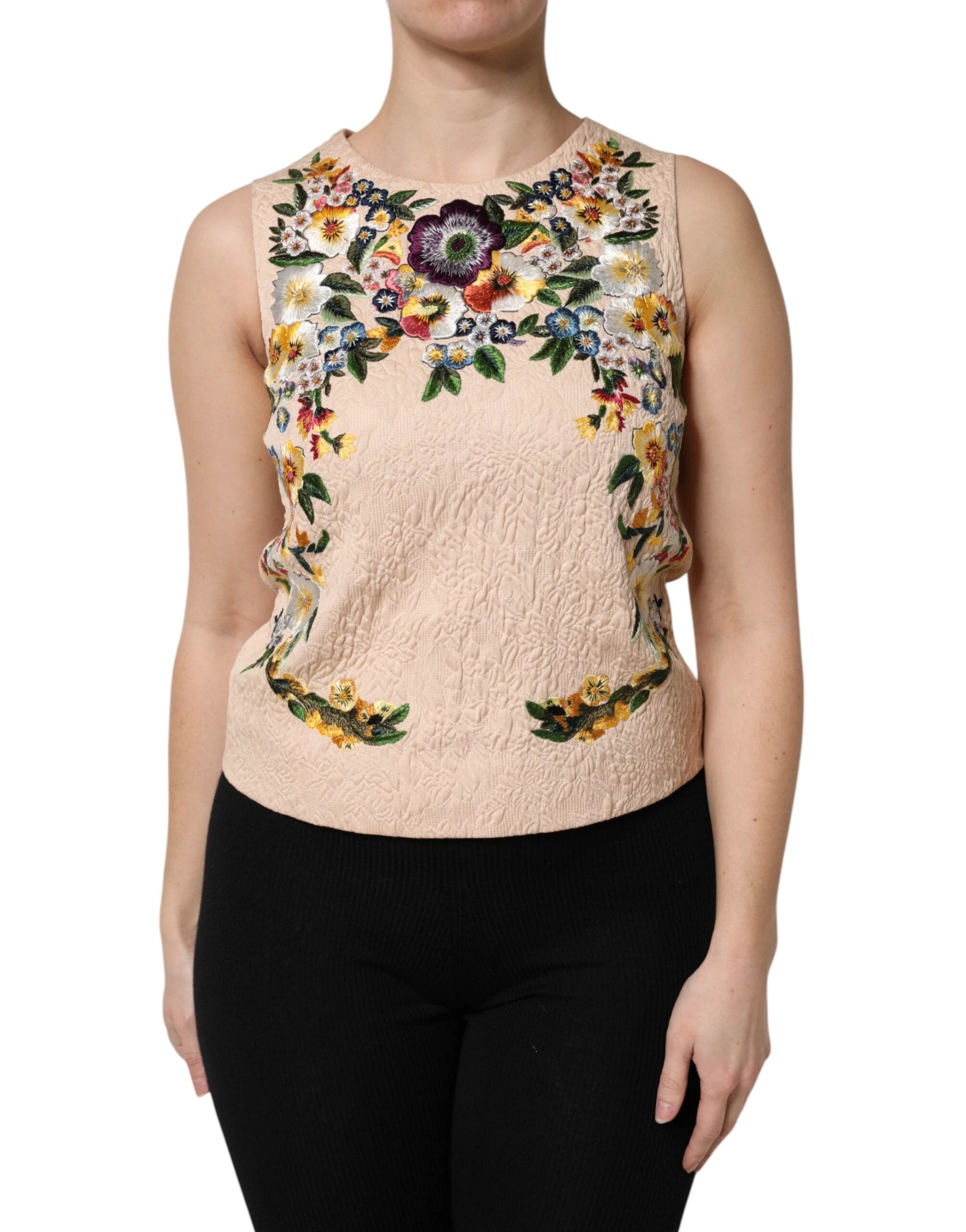Dolce & Gabbana Beige Floral Embroidery Sleeveless Tank Top by Dolce & Gabbana