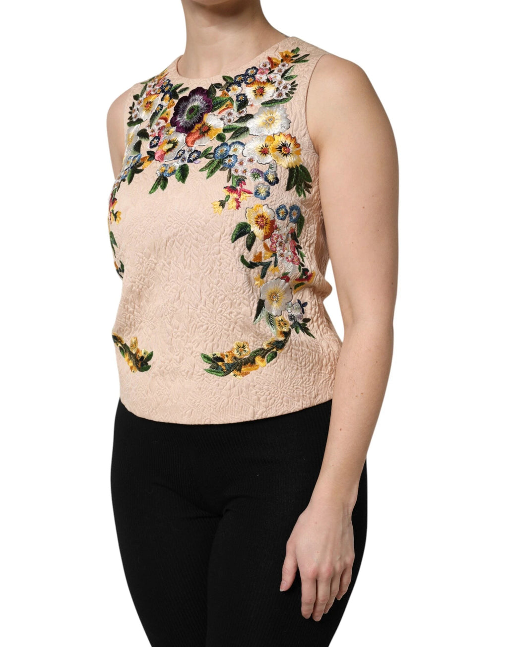 Dolce & Gabbana Beige Floral Embroidery Sleeveless Tank Top by Dolce & Gabbana
