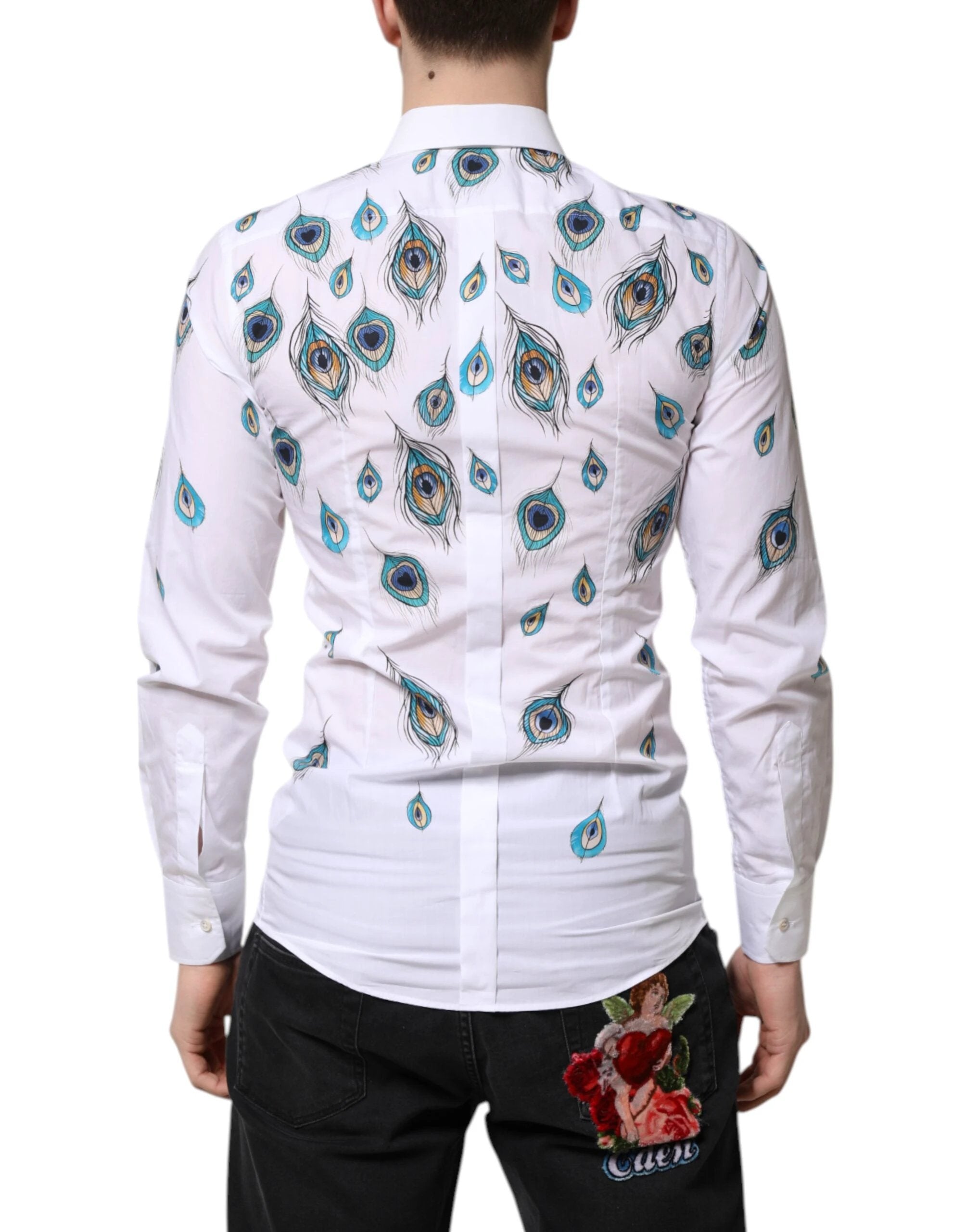 Dolce & Gabbana White Cotton Feather Print GOLD Dress Shirt by Dolce & Gabbana