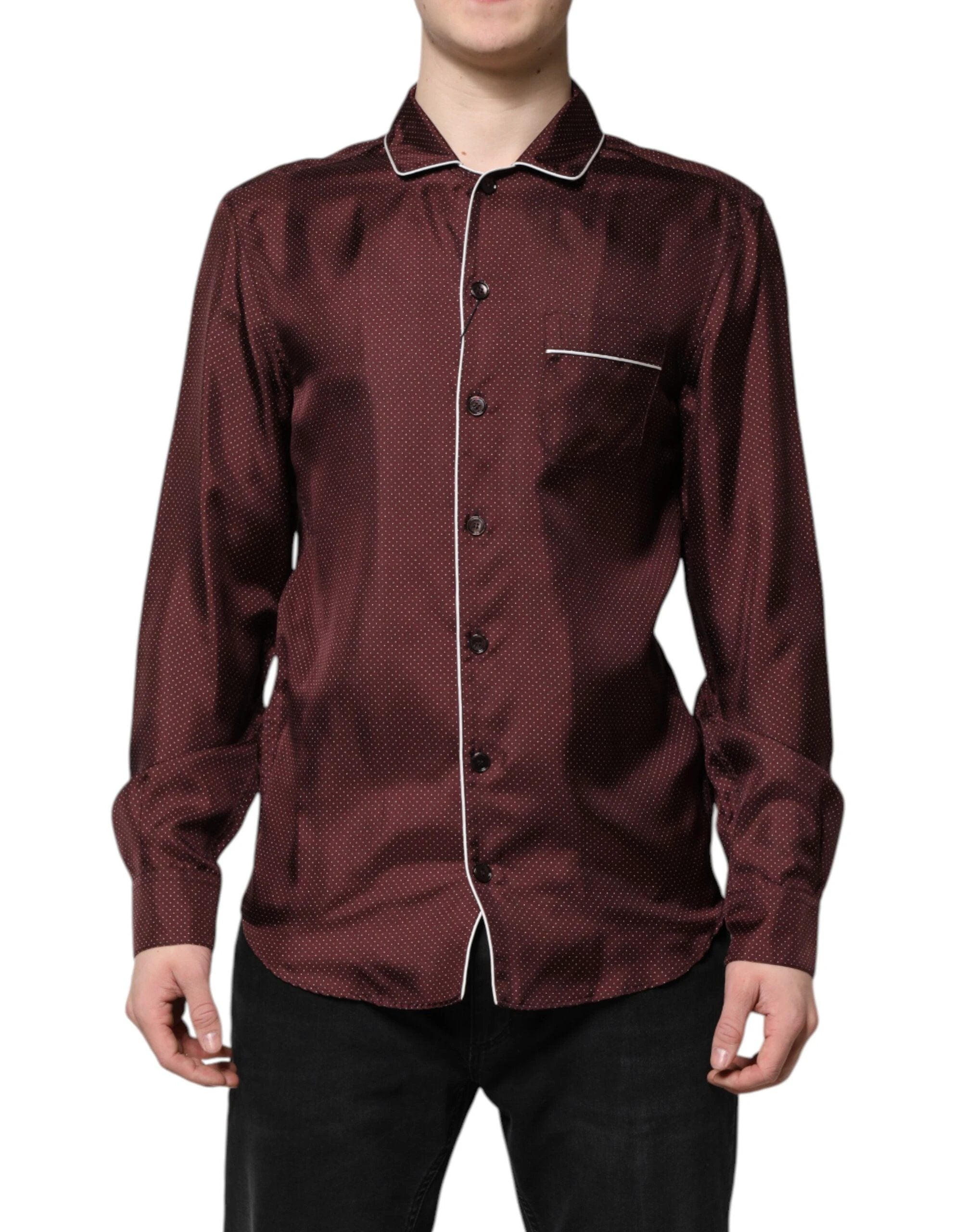 Dolce & Gabbana Burgundy Silk Dotted Long Sleeves Shirt by Dolce & Gabbana