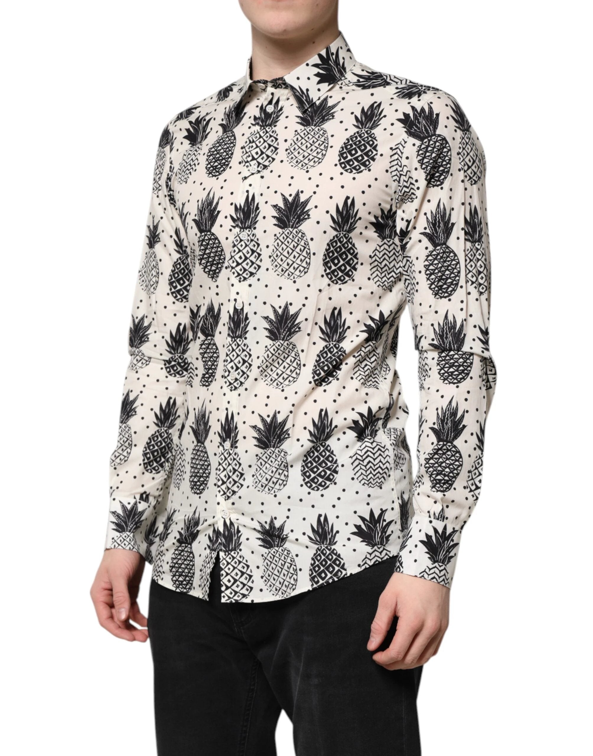 Dolce & Gabbana White Pineapple Print Long Sleeve GOLD Shirt by Dolce & Gabbana