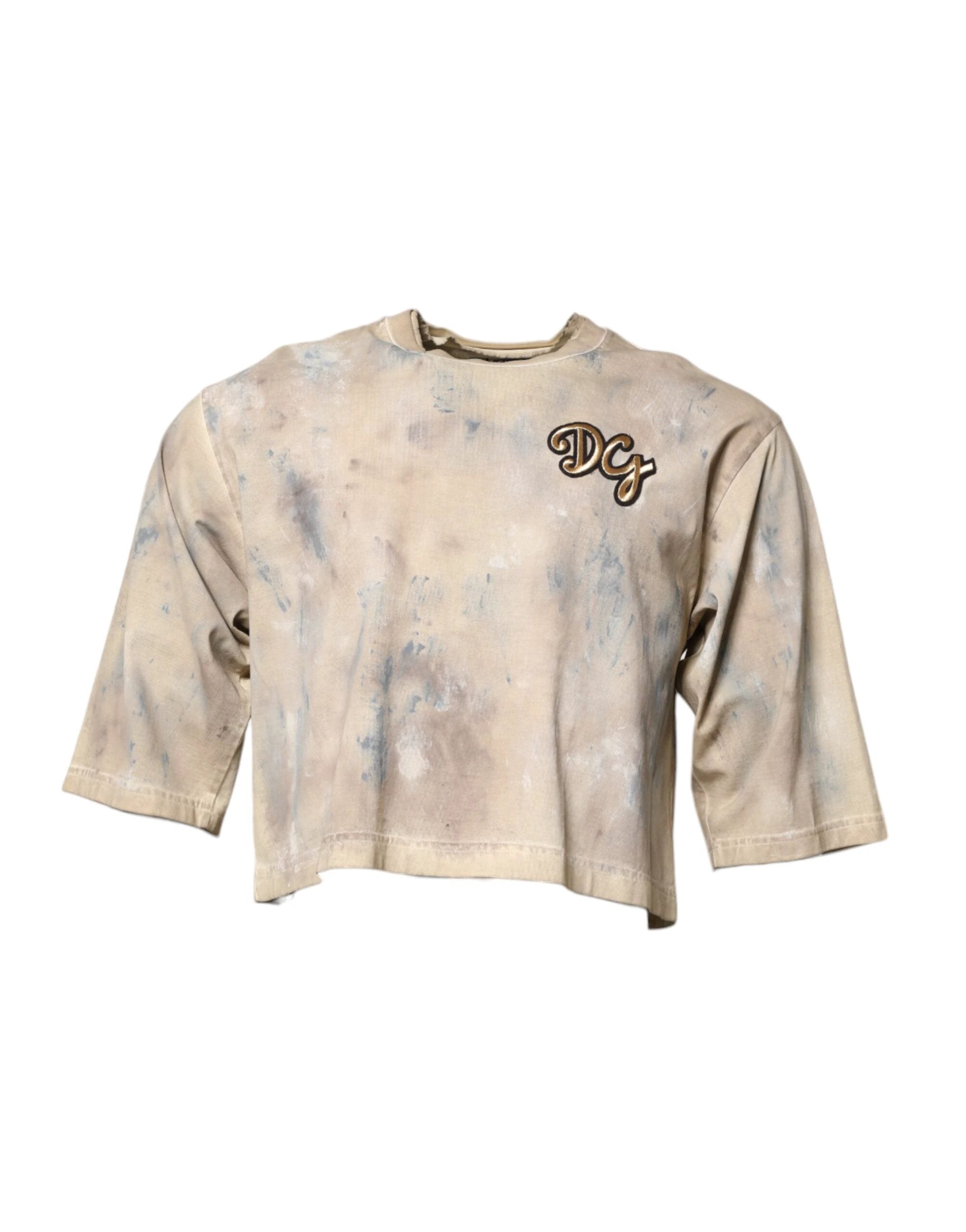 Dolce & Gabbana Beige Tie Dye DG Embroidery Cropped T-shirt by Dolce & Gabbana
