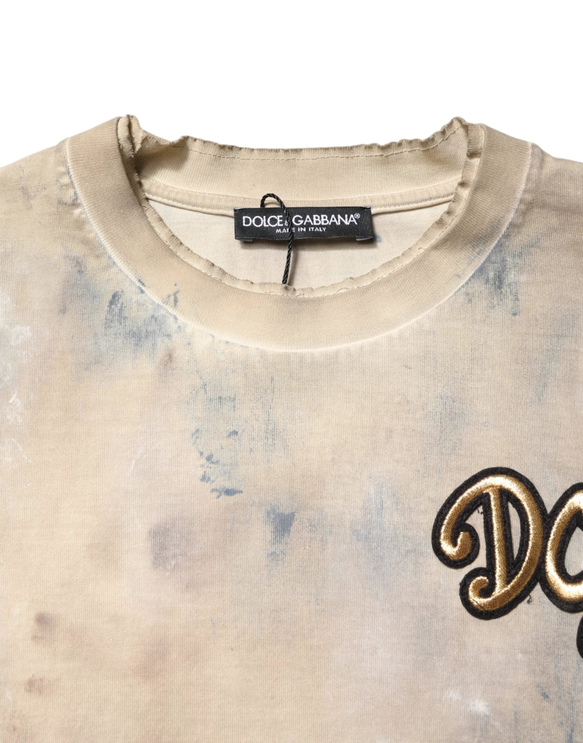 Dolce & Gabbana Beige Tie Dye DG Embroidery Cropped T-shirt by Dolce & Gabbana