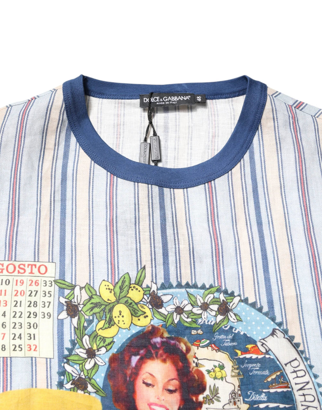 Dolce & Gabbana Multicolor Striped Pin Up Linen Round Neck T-shirt by Dolce & Gabbana