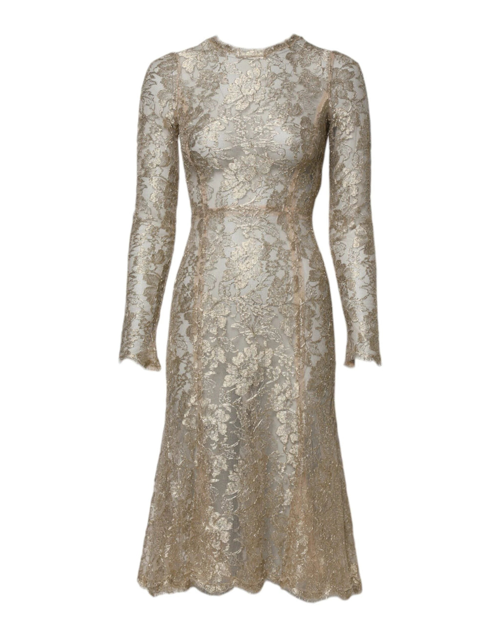 Dolce & Gabbana Gold Floral Lace Long Sleeves Fit & Flare Dress by Dolce & Gabbana