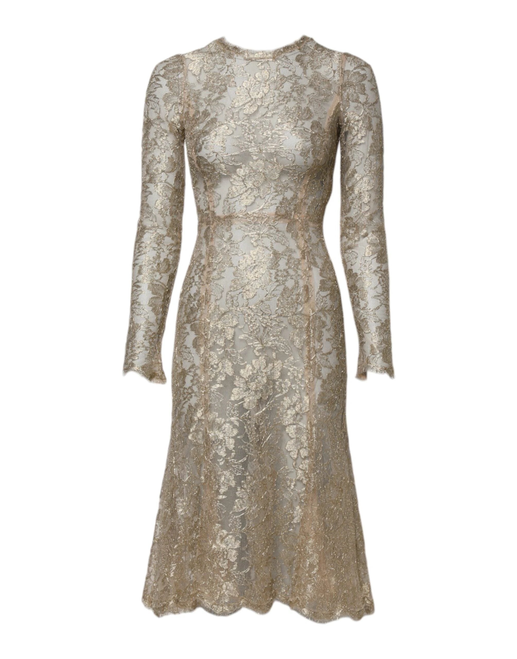 Dolce & Gabbana Gold Floral Lace Long Sleeves Fit & Flare Dress by Dolce & Gabbana