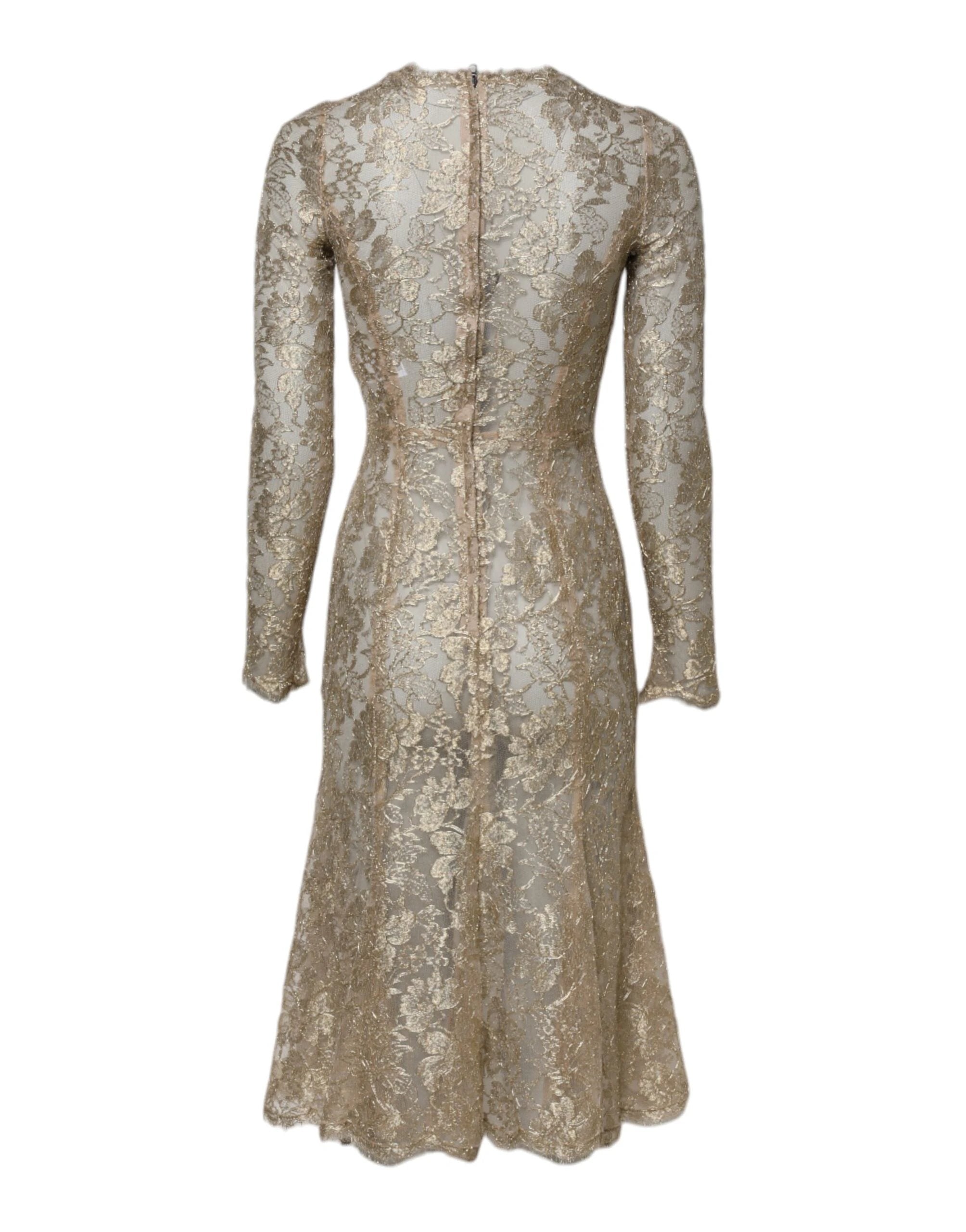 Dolce & Gabbana Gold Floral Lace Long Sleeves Fit & Flare Dress by Dolce & Gabbana