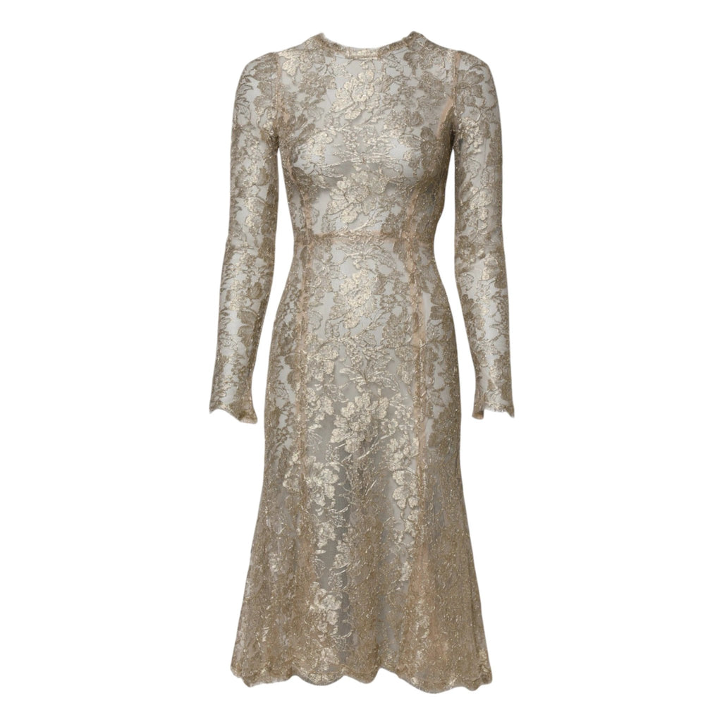 Dolce & Gabbana Gold Floral Lace Long Sleeves Fit & Flare Dress by Dolce & Gabbana
