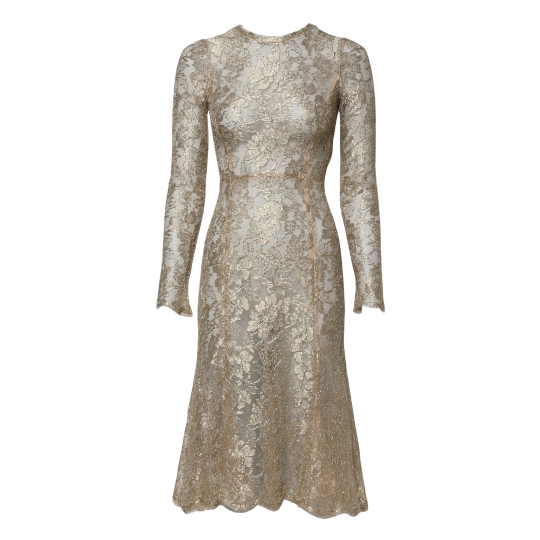 Dolce & Gabbana Gold Floral Lace Long Sleeves Fit & Flare Dress by Dolce & Gabbana