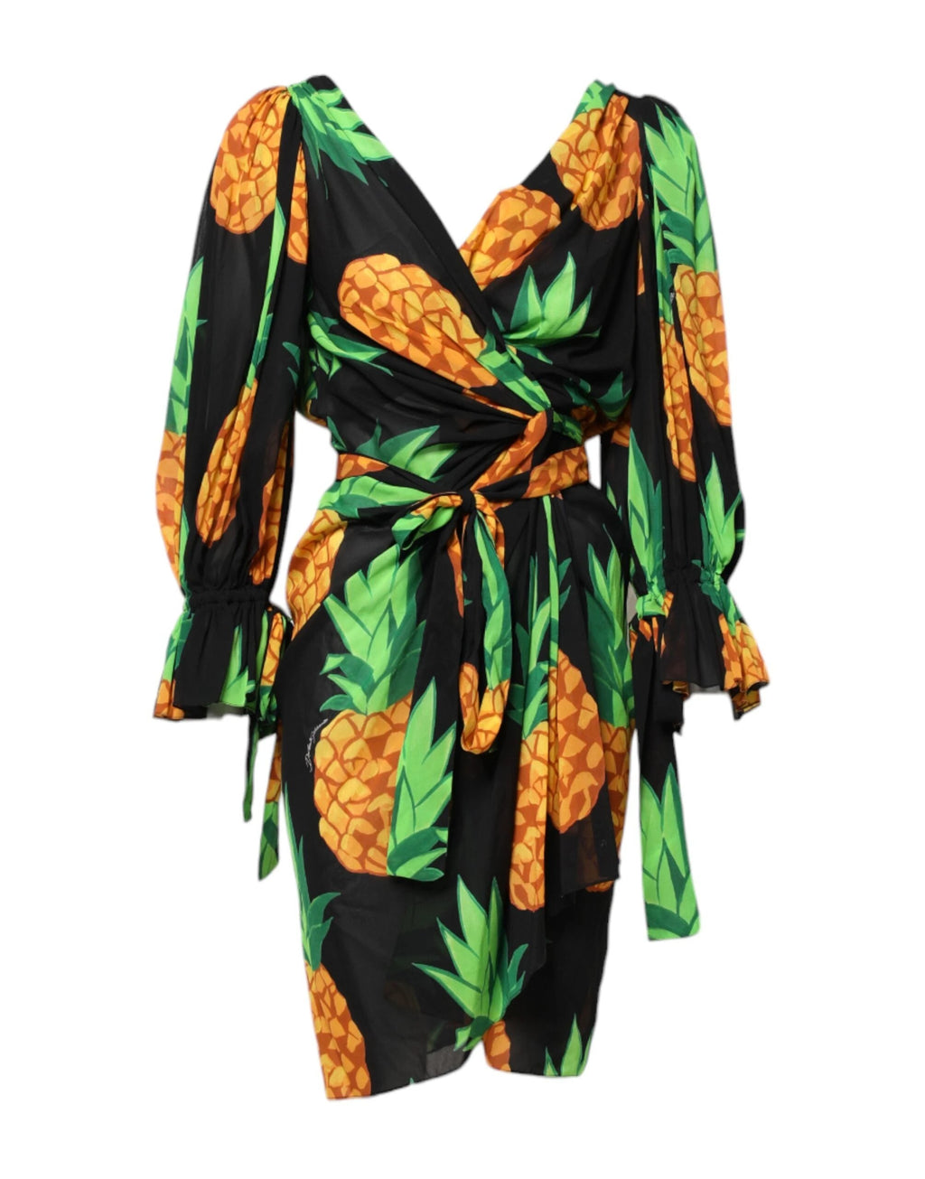 Dolce & Gabbana Black Pineapple Print Silk Wrap Mini Dress by Dolce & Gabbana