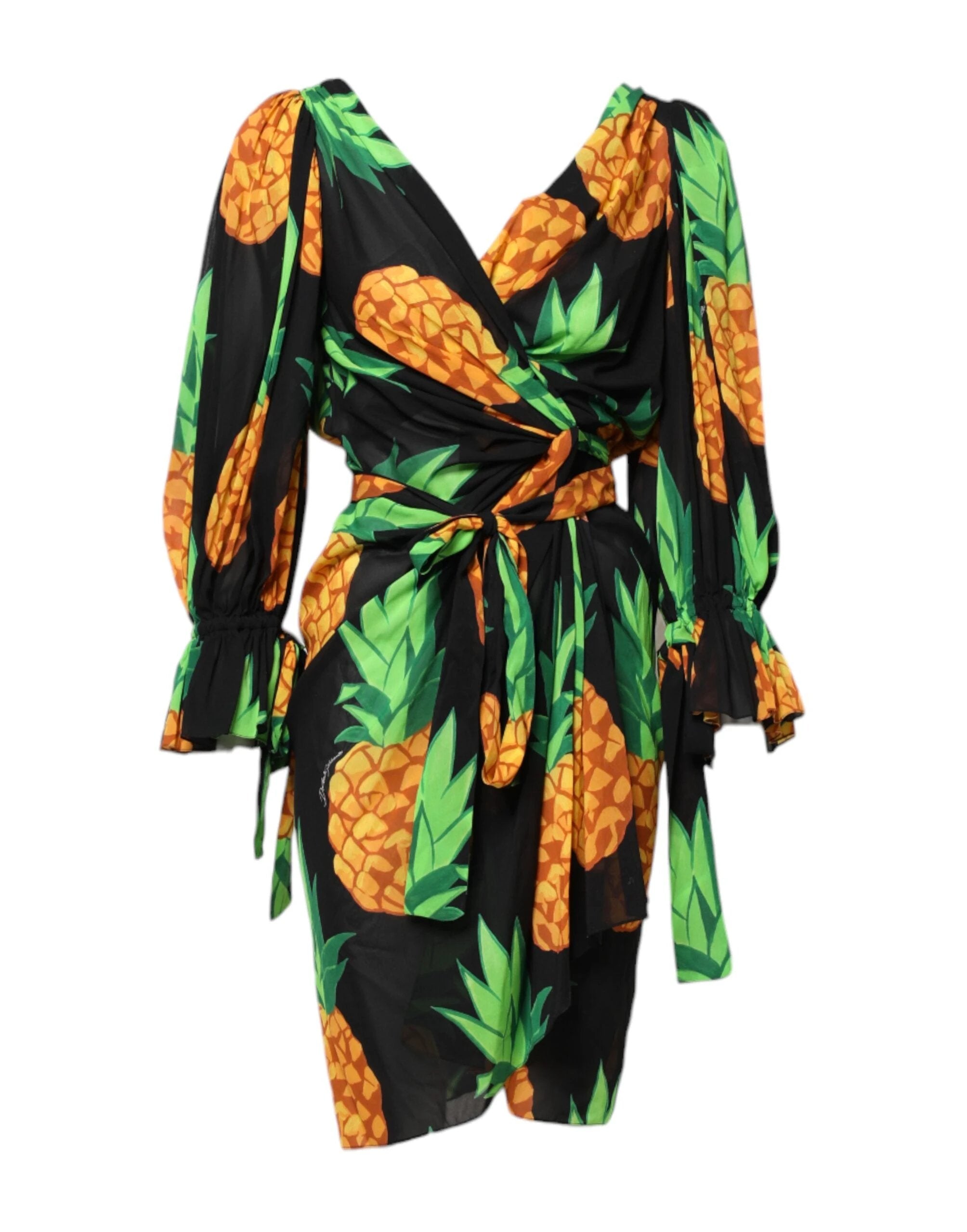 Dolce & Gabbana Black Pineapple Print Silk Wrap Mini Dress by Dolce & Gabbana
