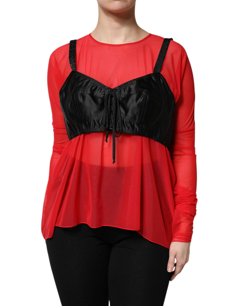 Dolce & Gabbana Red Black Bustier Detailing Long Sleeves Top by Dolce & Gabbana