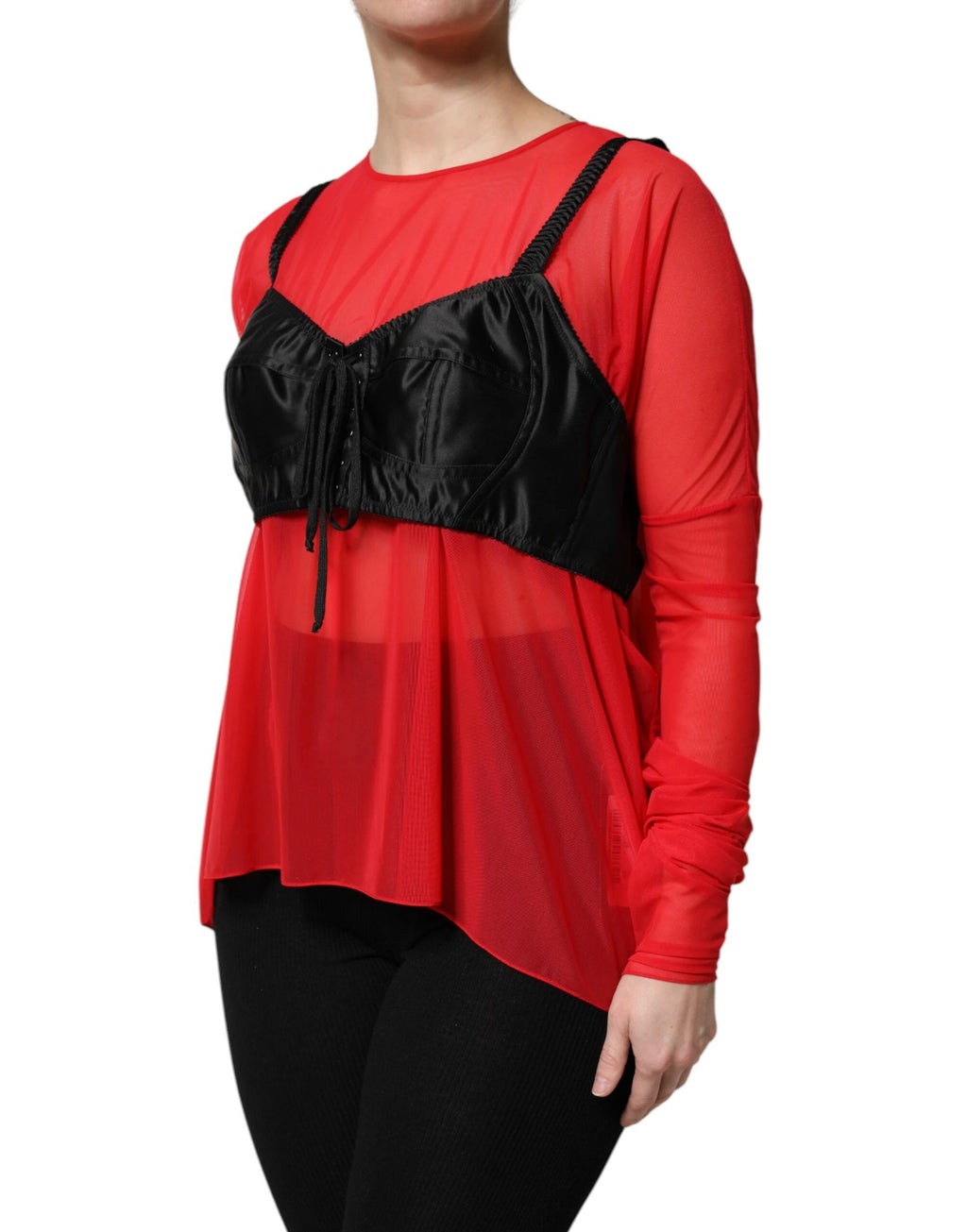 Dolce & Gabbana Red Black Bustier Detailing Long Sleeves Top by Dolce & Gabbana