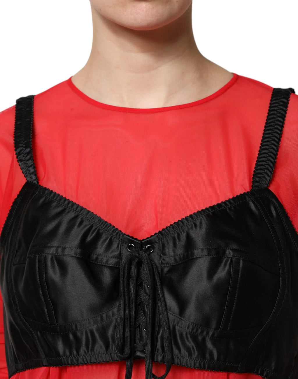 Dolce & Gabbana Red Black Bustier Detailing Long Sleeves Top by Dolce & Gabbana