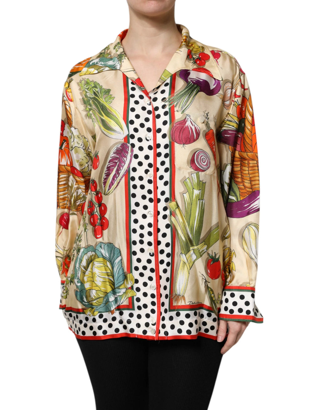 Dolce & Gabbana Multicolor Vegetables Silk Long Sleeves Top by Dolce & Gabbana