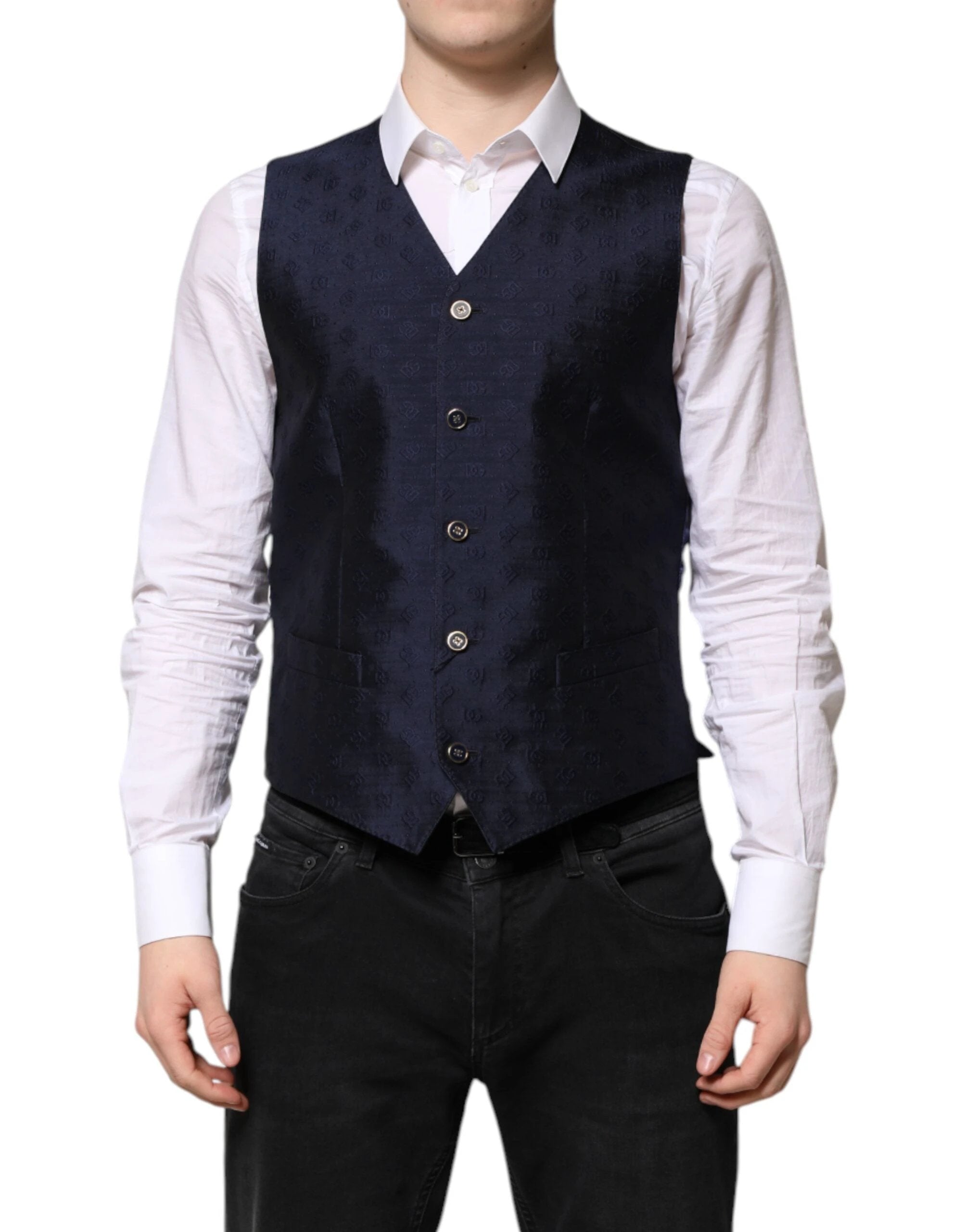 Dolce & Gabbana Dark Blue Logo Wool Formal Men Waistcoat Vest by Dolce & Gabbana
