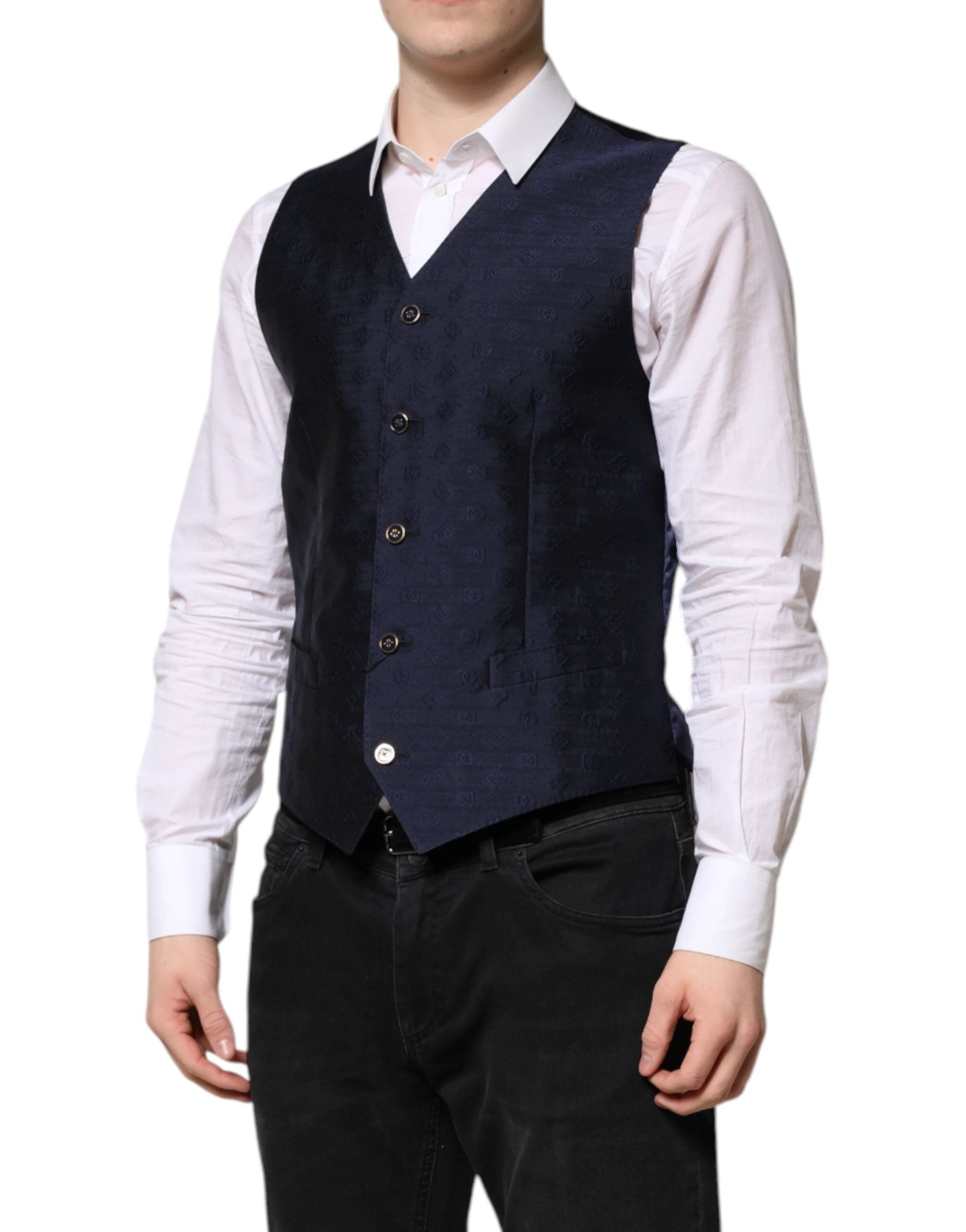 Dolce & Gabbana Dark Blue Logo Wool Formal Men Waistcoat Vest by Dolce & Gabbana