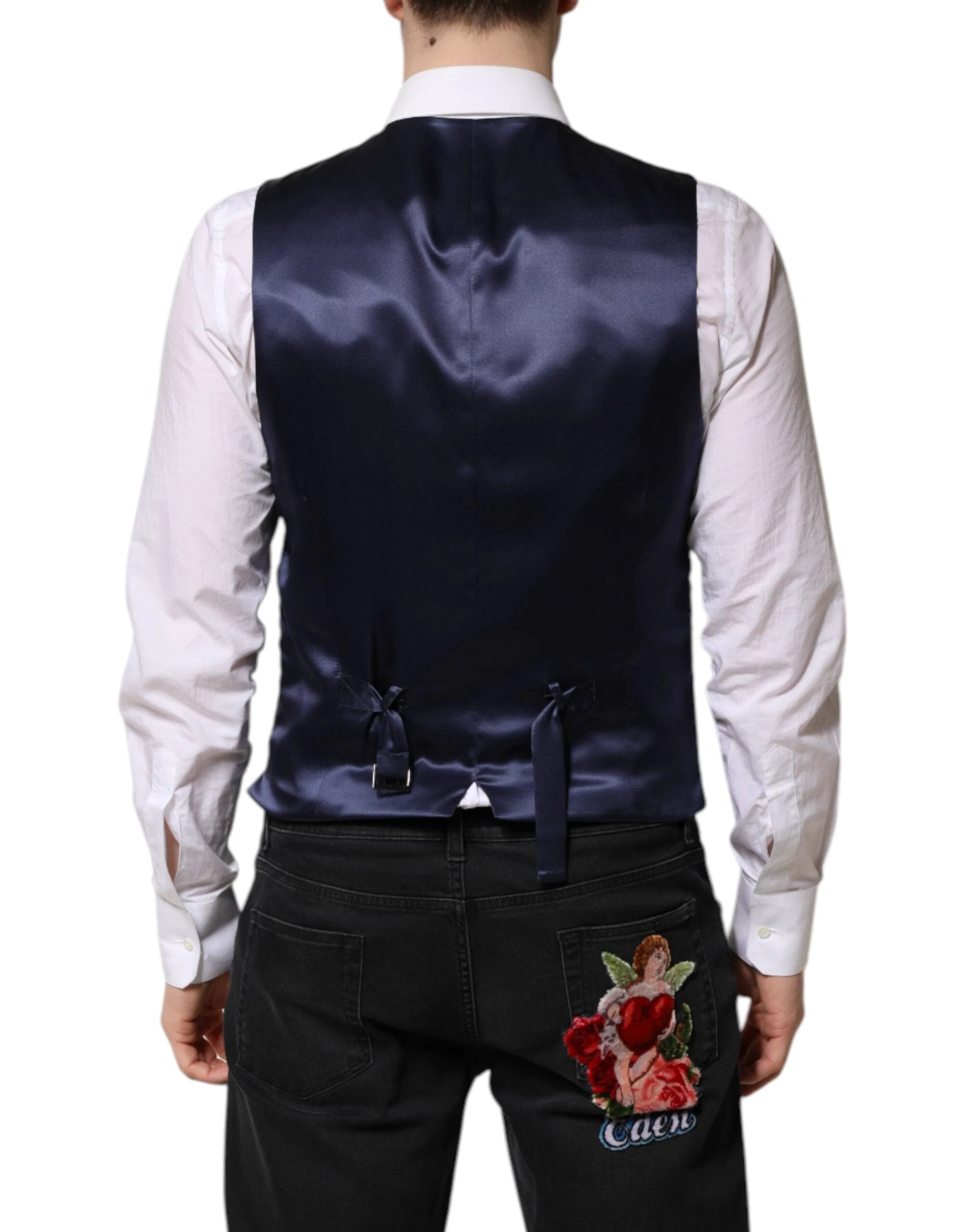 Dolce & Gabbana Dark Blue Logo Wool Formal Men Waistcoat Vest by Dolce & Gabbana