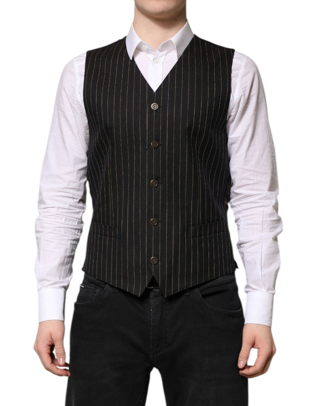 Dolce & Gabbana Black Stripes Wool Formal Men Waistcoat Vest by Dolce & Gabbana