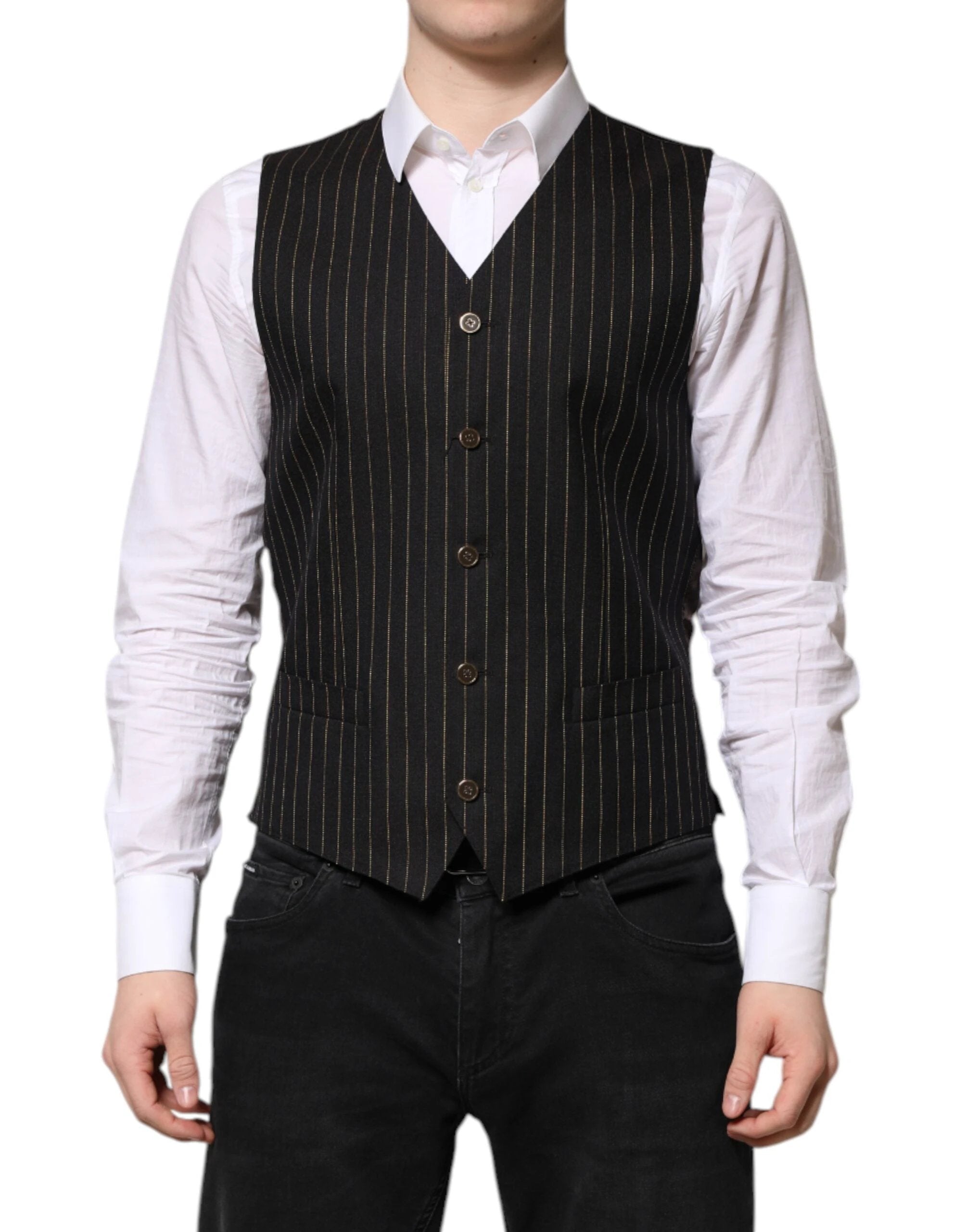 Dolce & Gabbana Black Stripes Wool Formal Men Waistcoat Vest by Dolce & Gabbana