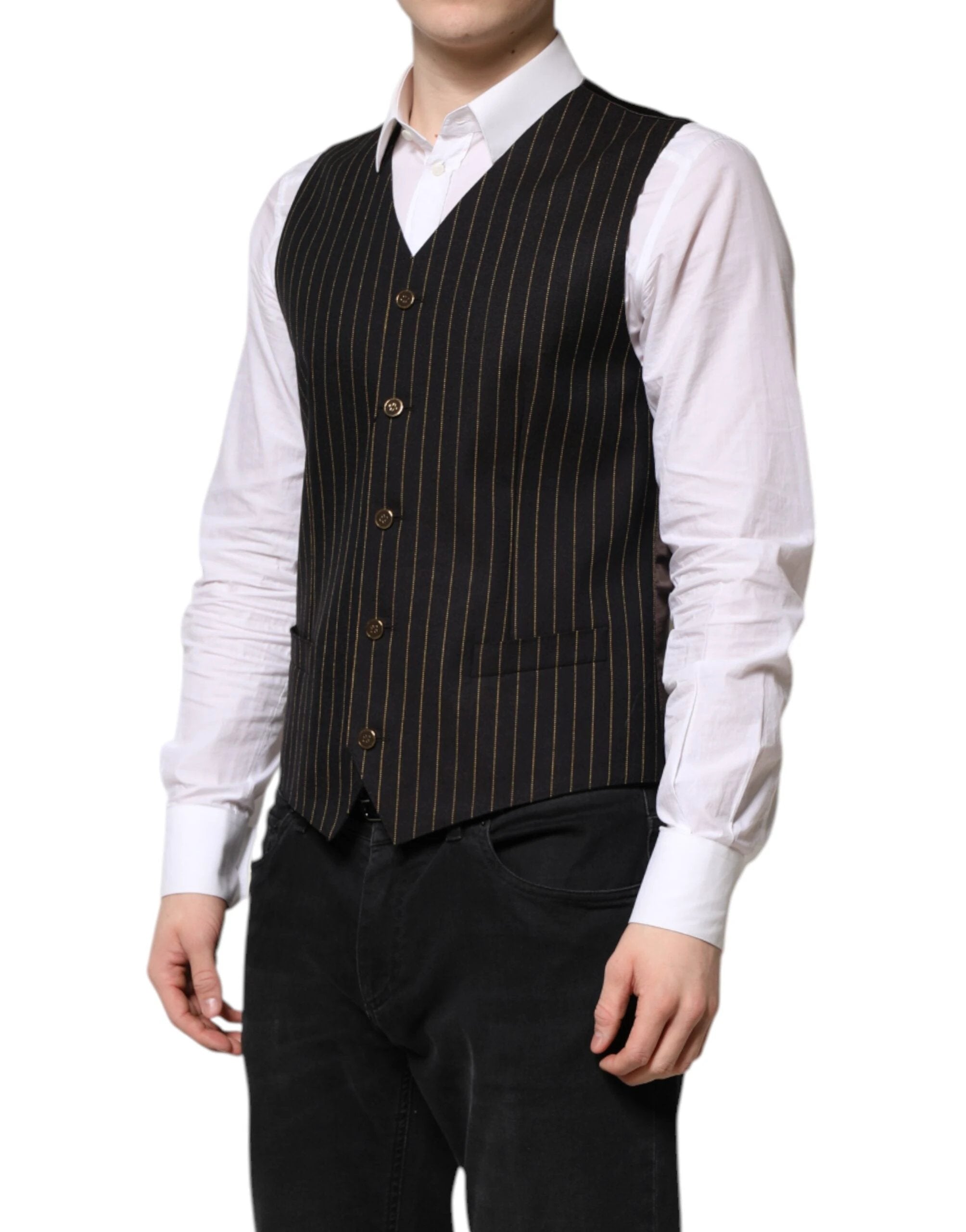 Dolce & Gabbana Black Stripes Wool Formal Men Waistcoat Vest by Dolce & Gabbana