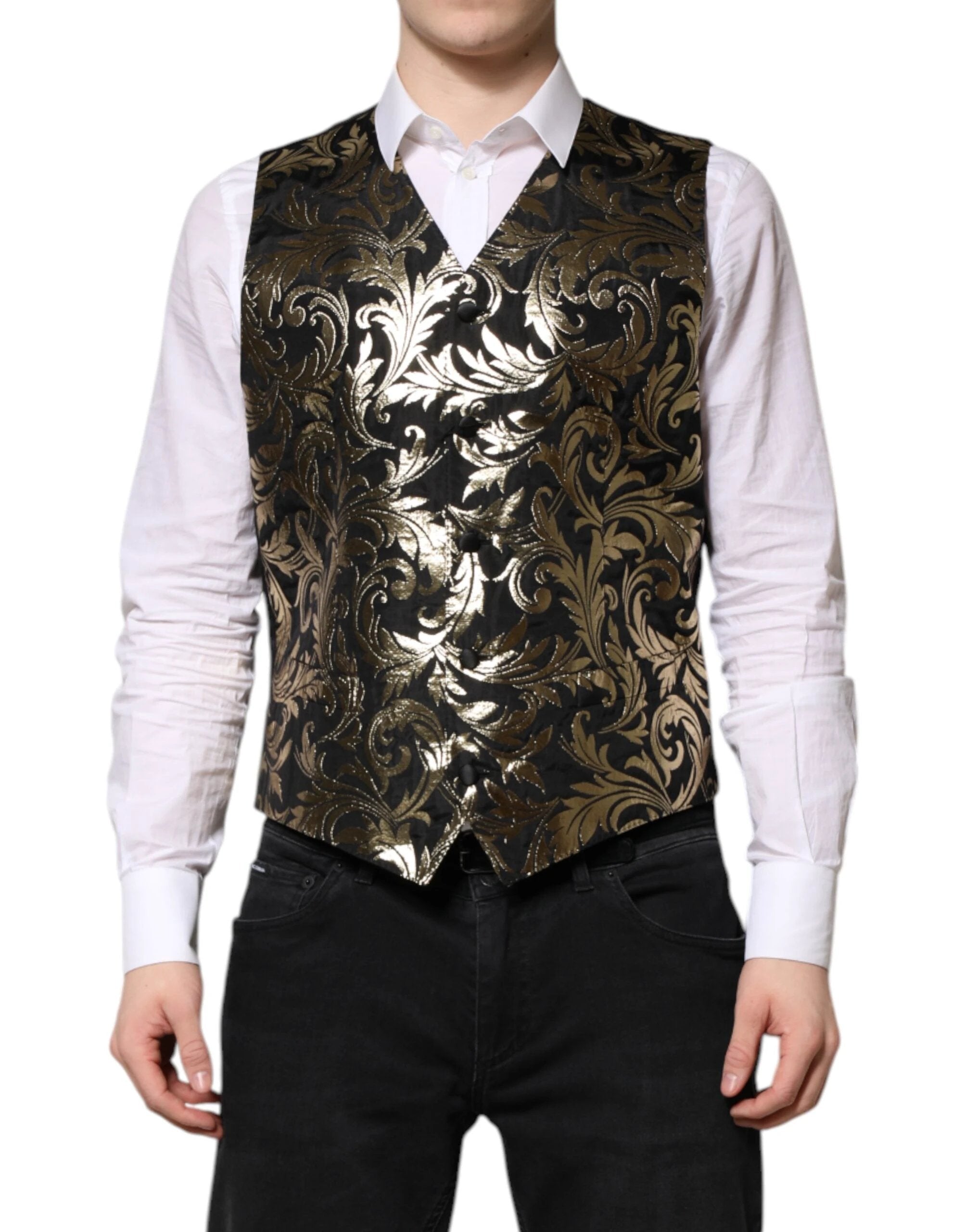 Dolce & Gabbana Black Gold Jacquard Formal Men Waistcoat Vest by Dolce & Gabbana