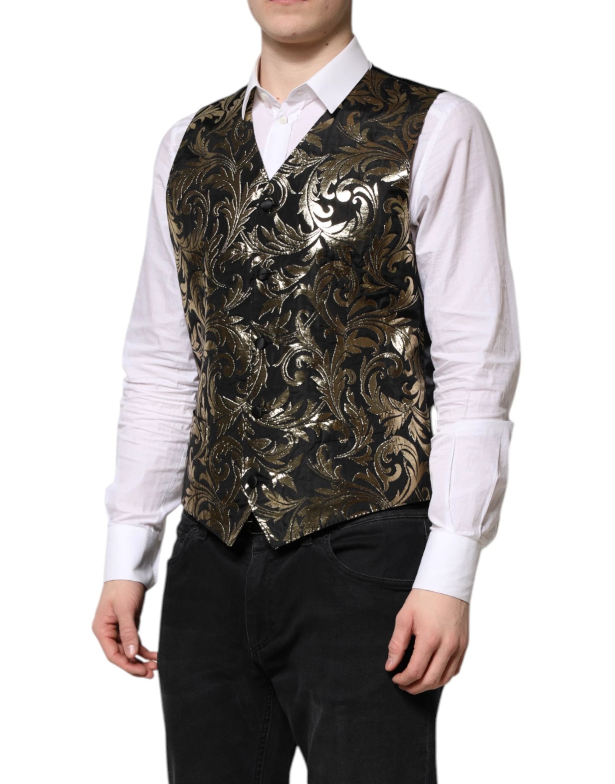 Dolce & Gabbana Black Gold Jacquard Formal Men Waistcoat Vest by Dolce & Gabbana