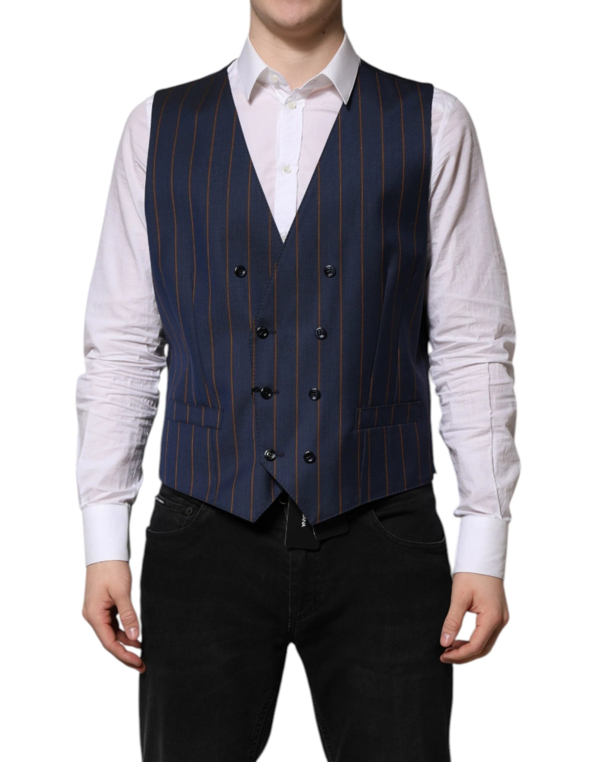 Dolce & Gabbana Blue Stripes Wool Formal Men Waistcoat Vest by Dolce & Gabbana