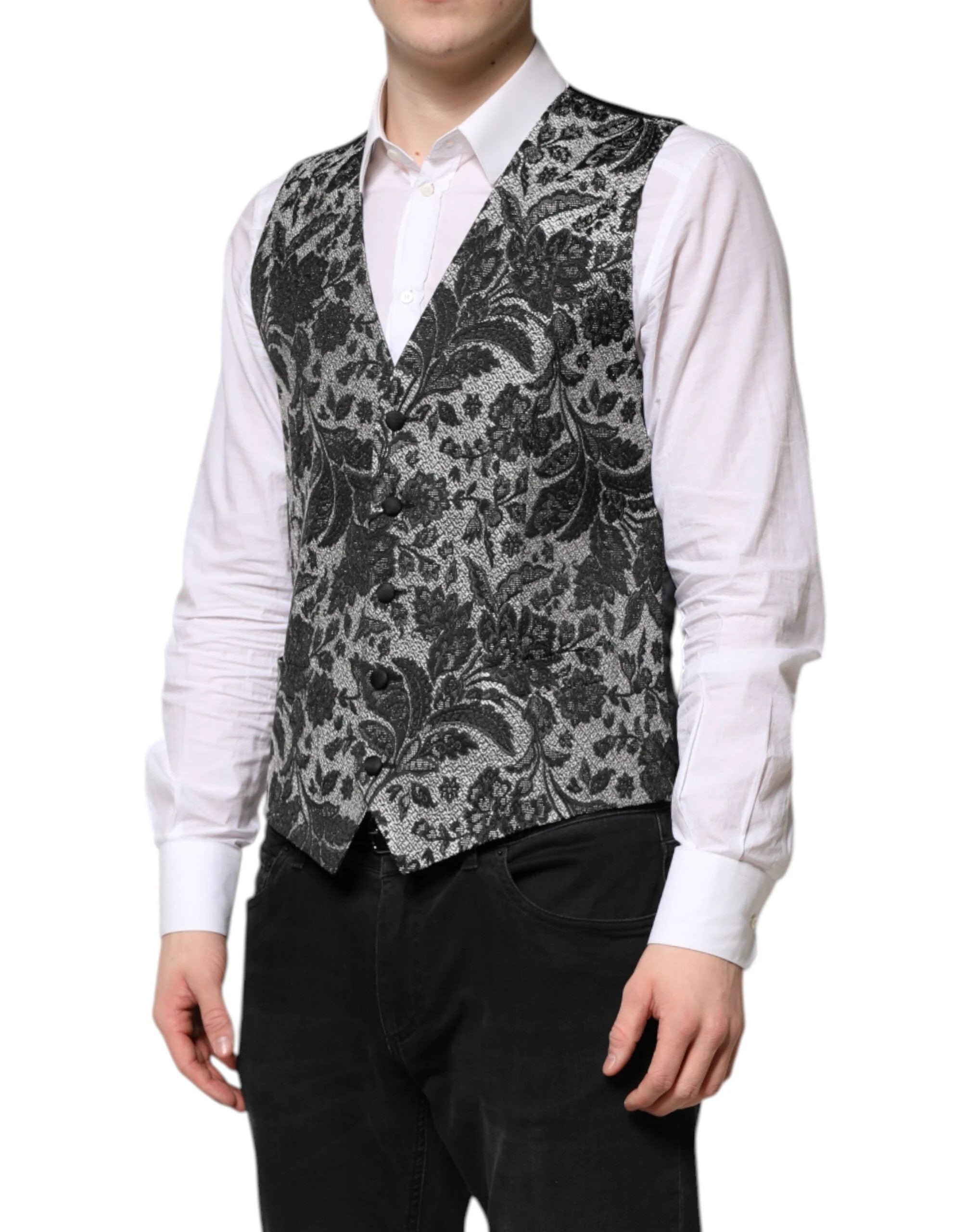 Dolce & Gabbana Black Gray Brocade Formal Men Waistcoat Vest by Dolce & Gabbana