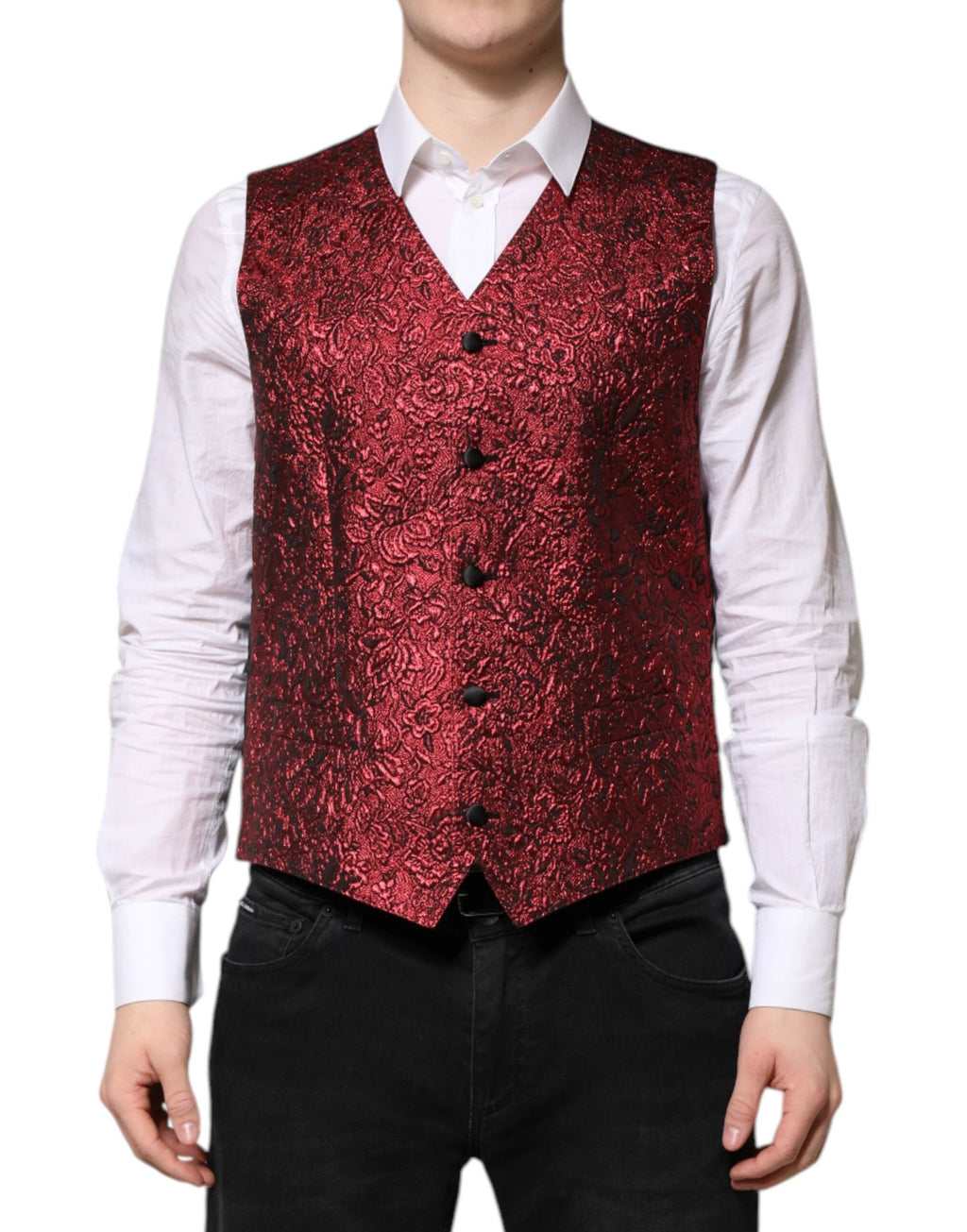 Dolce & Gabbana Red Floral Brocade Formal Men Waistcoat Vest by Dolce & Gabbana