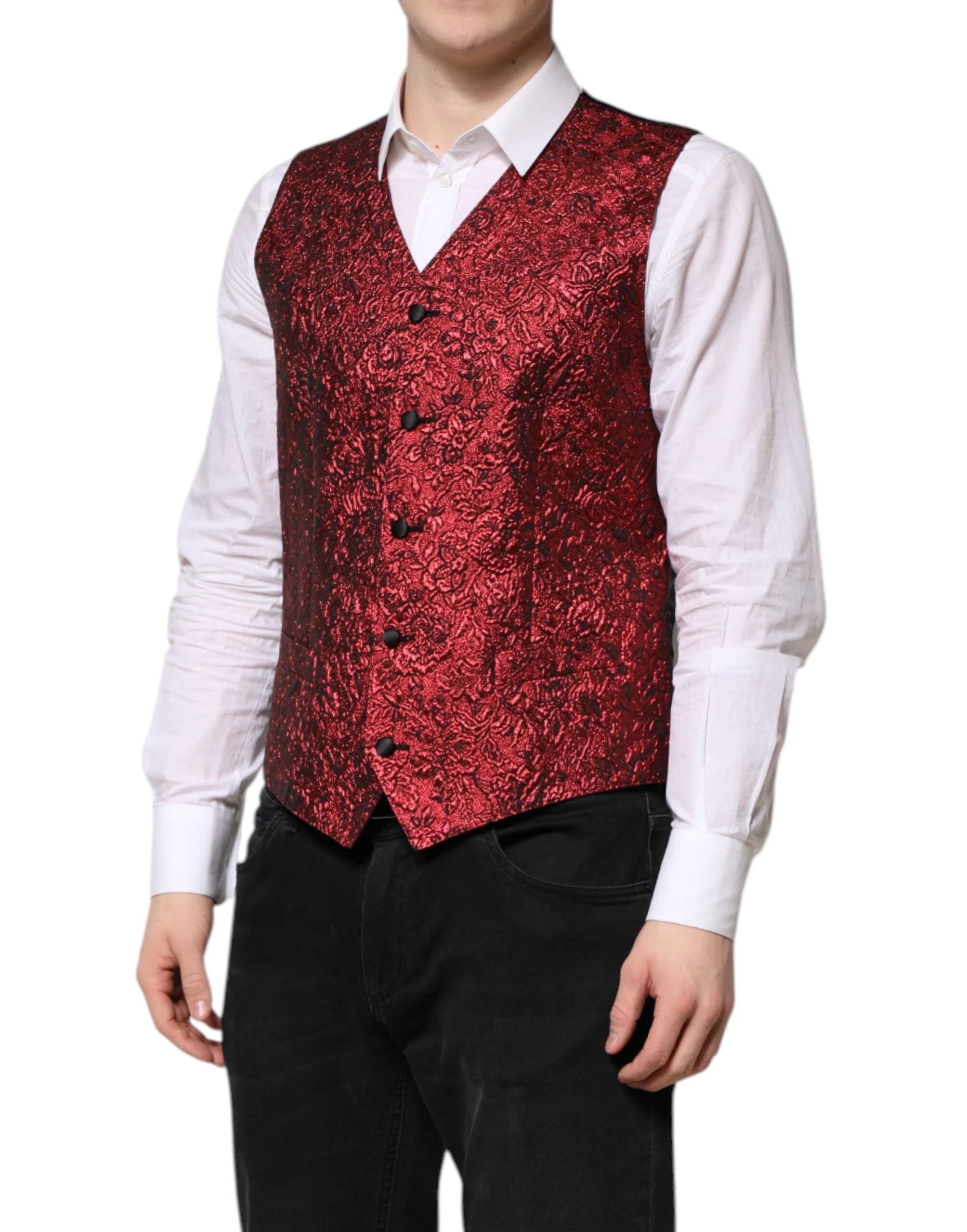Dolce & Gabbana Red Floral Brocade Formal Men Waistcoat Vest by Dolce & Gabbana