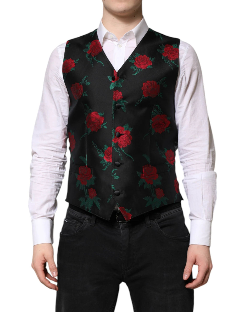 Dolce & Gabbana Red Floral Brocade Formal Men Waistcoat Vest by Dolce & Gabbana