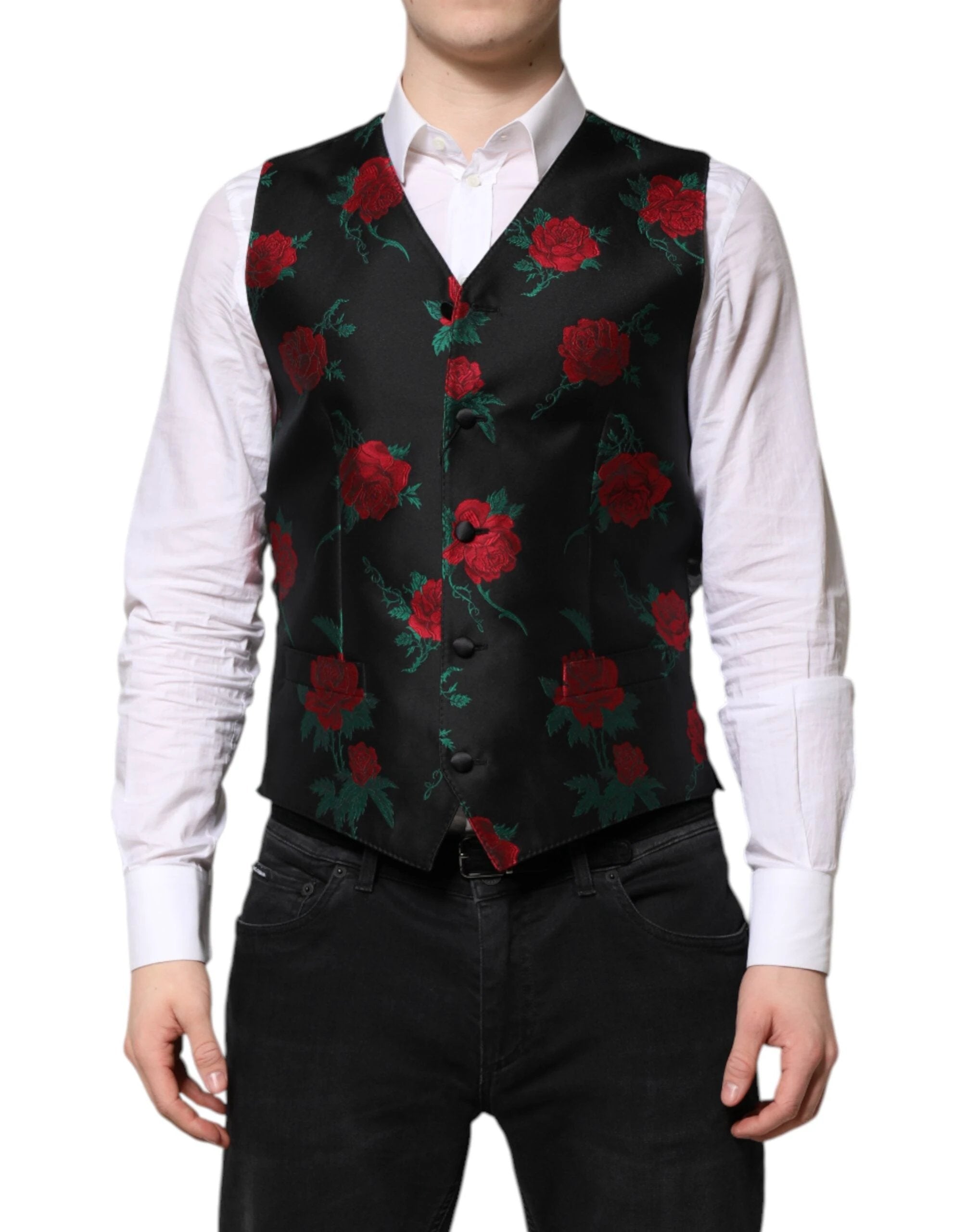 Dolce & Gabbana Red Floral Brocade Formal Men Waistcoat Vest by Dolce & Gabbana