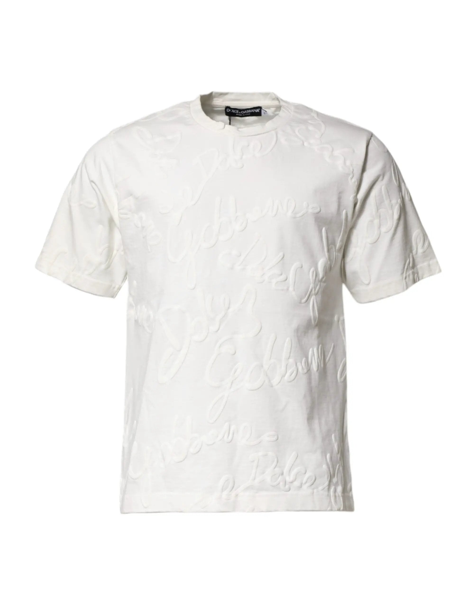 Dolce & Gabbana White Cotton Logo Embossed Crew Neck T-shirt